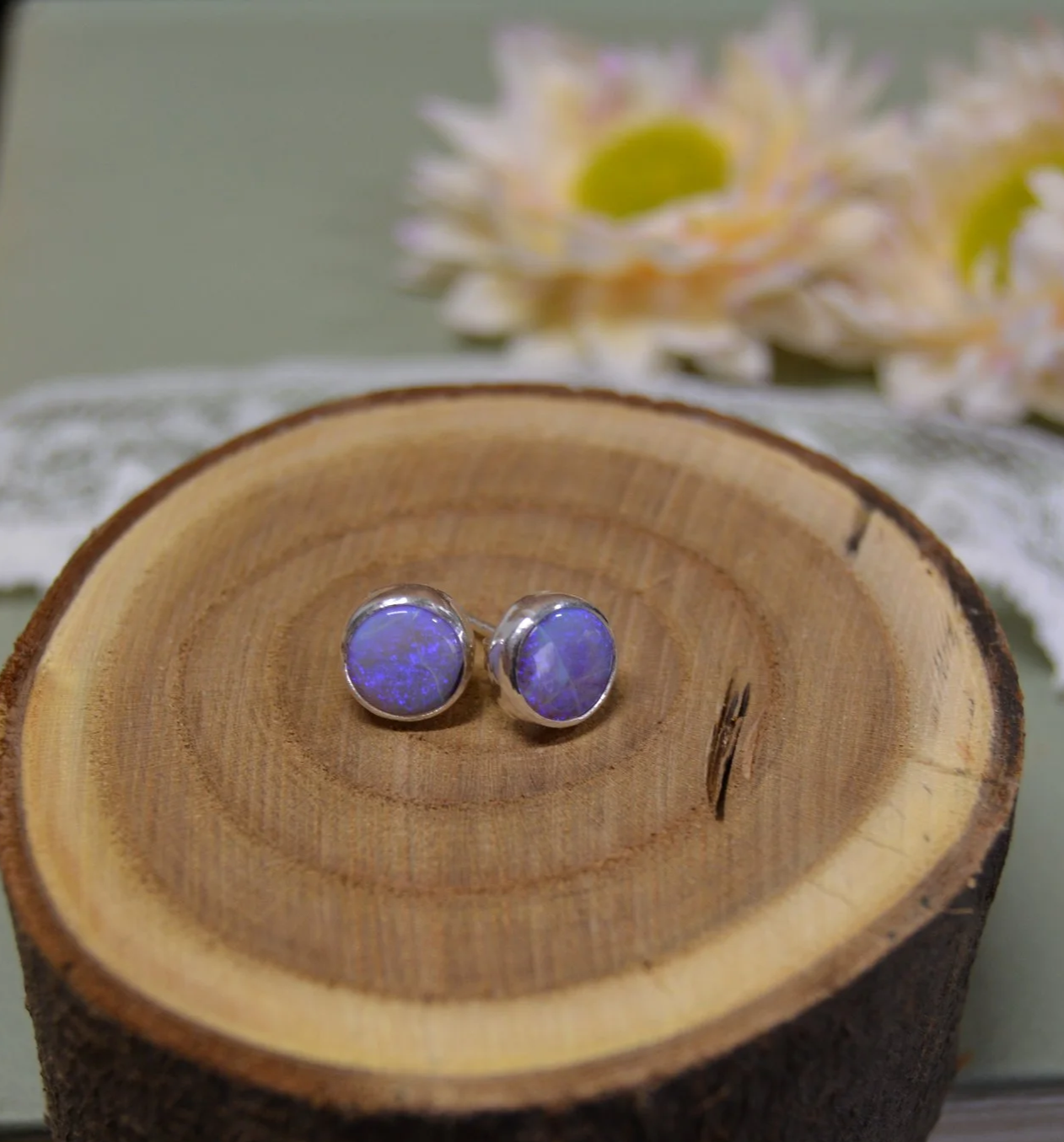 Round Sterling Opal Stud Earrings