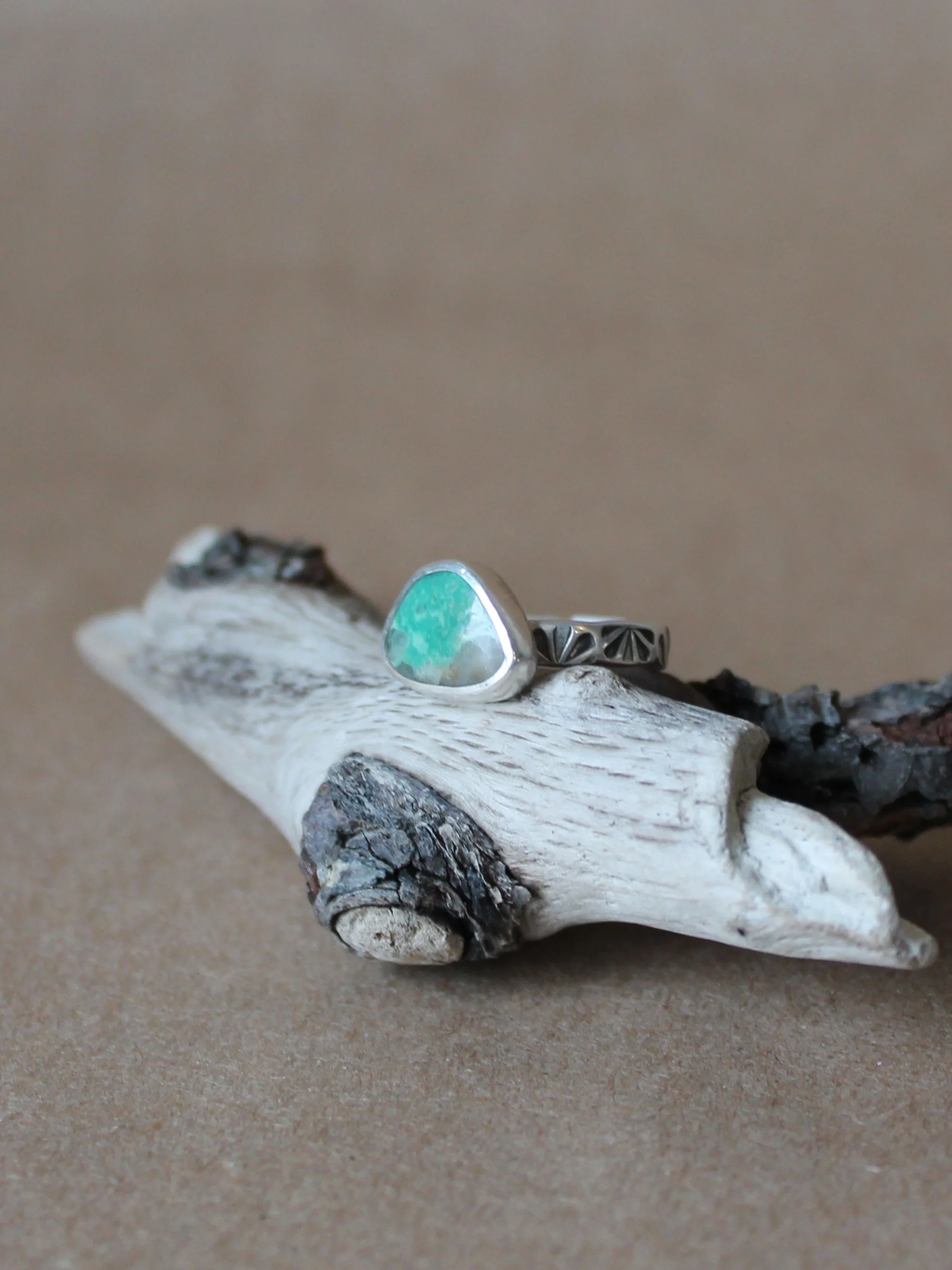 Freeform Green Turquoise Ring | Hand Stamped Band Sterling Silver Ring | Size 6