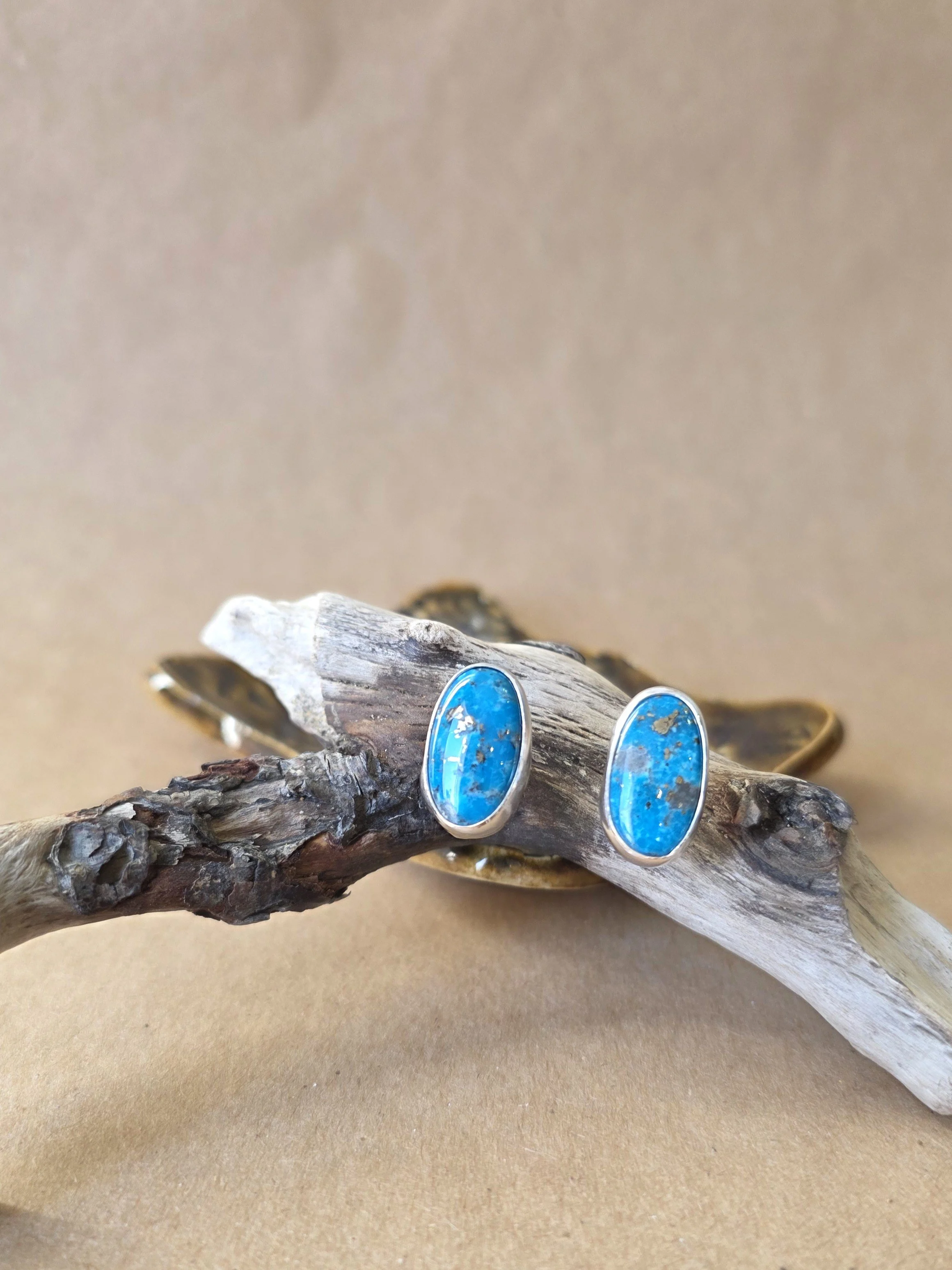 Persian Turquoise Stud Earrings | Sterling Silver Oval Post Earrings with Pyrite