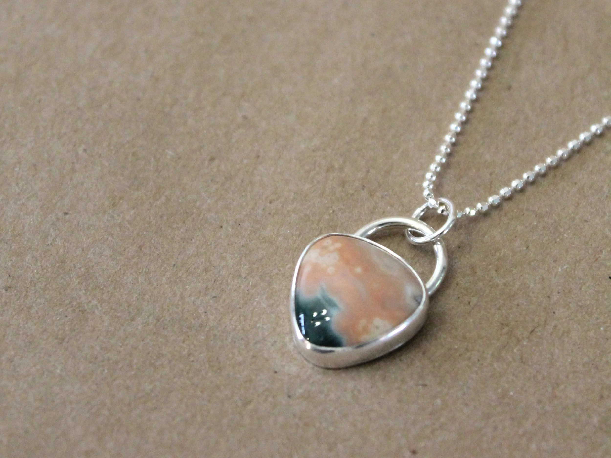 Ocean Jasper Necklace | Freeform Peach & Green Stone Sterling Silver Pendant | 16 Inch Ball Chain