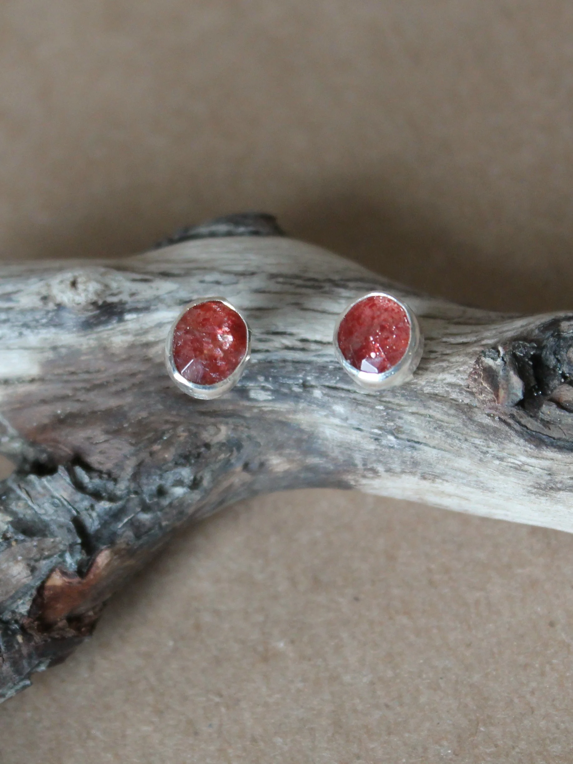 Strawberry Quartz Stud Earrings | Rose Cut Sterling Silver Post Earrings
