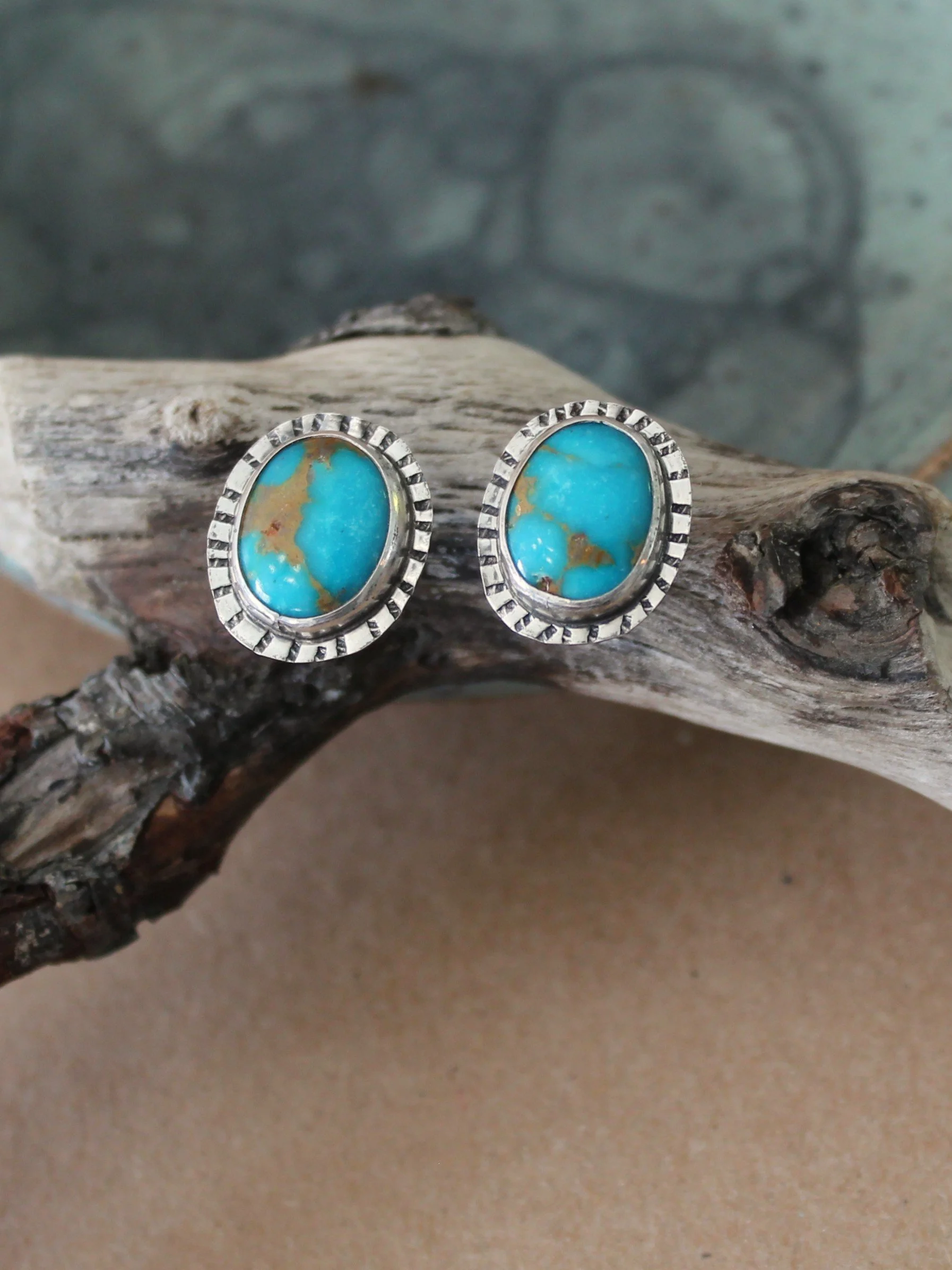 Oval Turquoise Stud Earrings with Matrix | Hand Stamped Border Sterling Silver Post Earrings