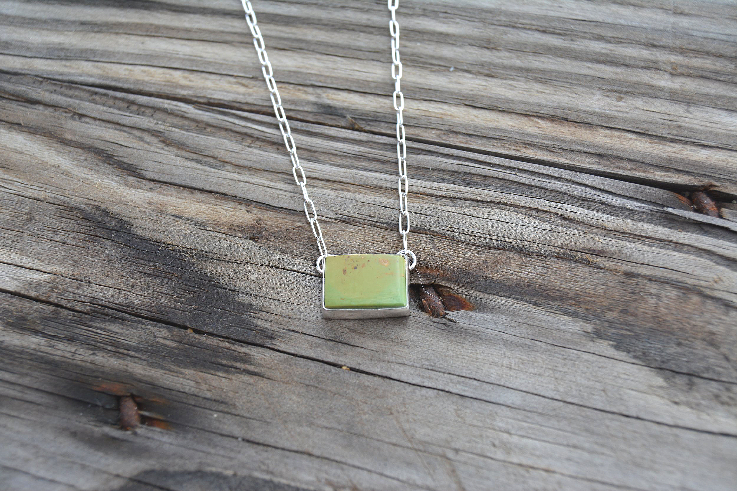 The Gilded Green Necklace: Rectangular Green Turquoise & Silver- 20 inch chain