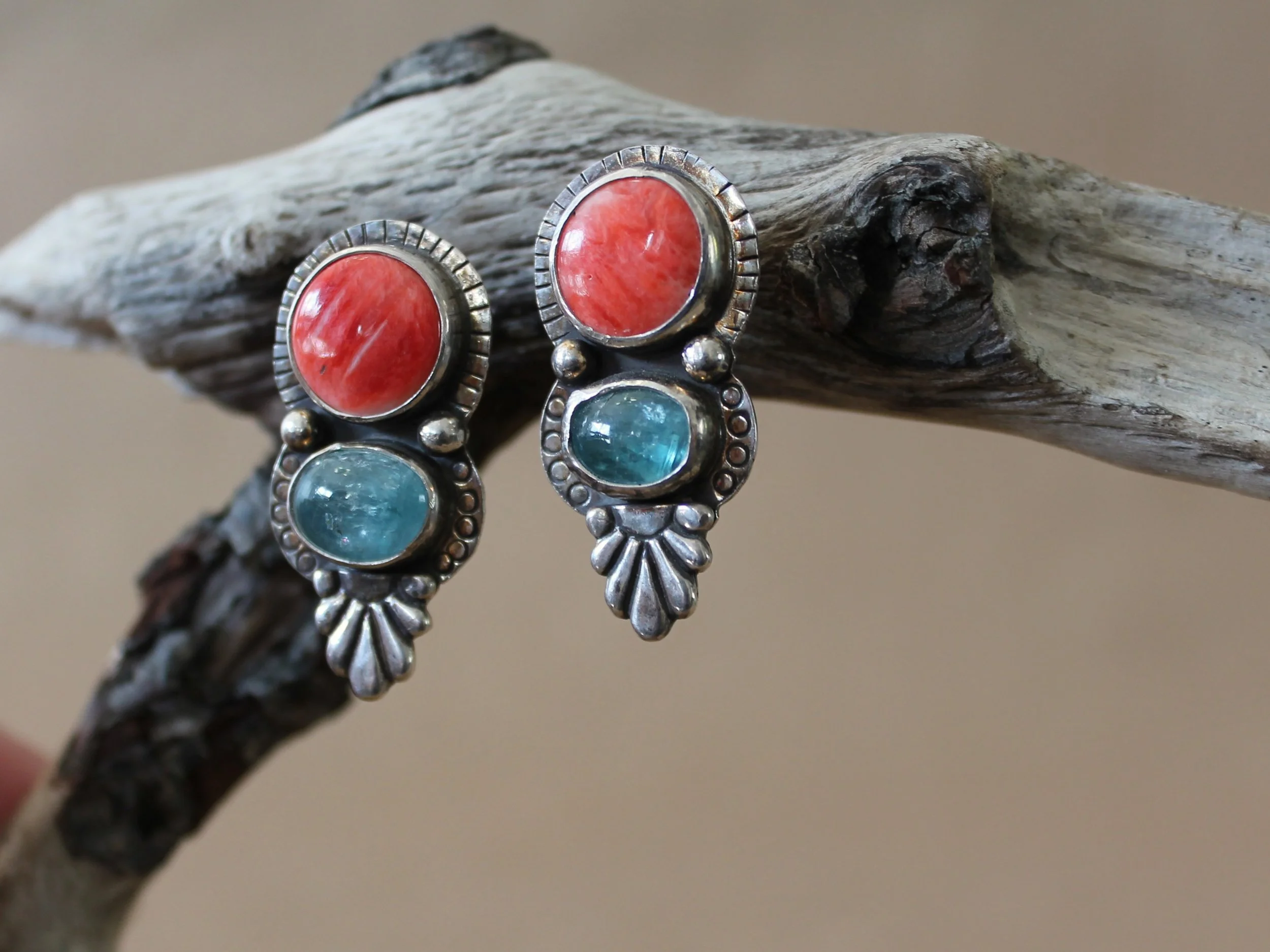 Spiny Oyster & Kyanite Earrings | Sterling Silver Two Stone Stud Earrings with Fan Accent