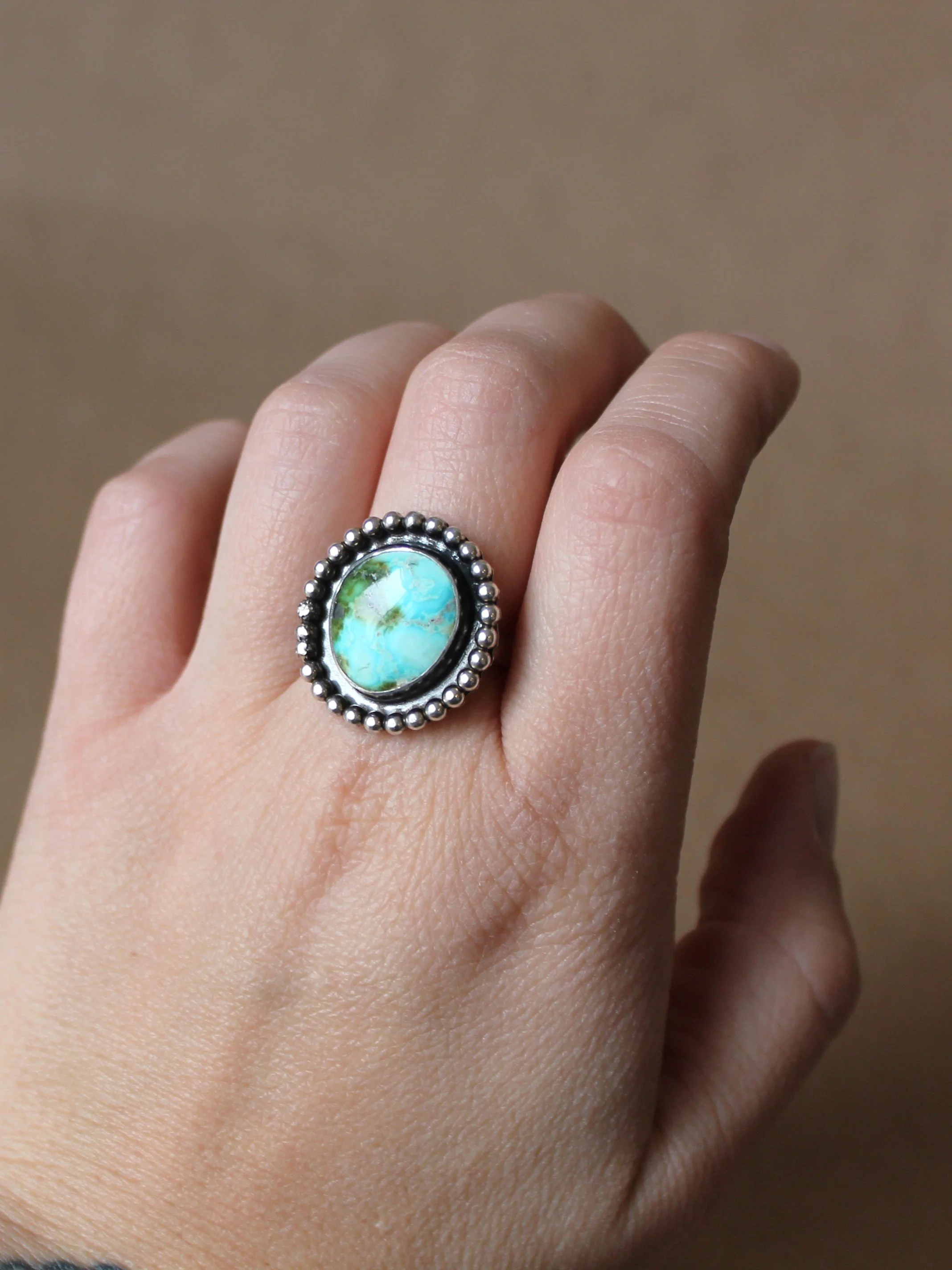 Sonoran Gold Turquoise Ring | Sterling Silver Pebble Border Ring | Size 9.25