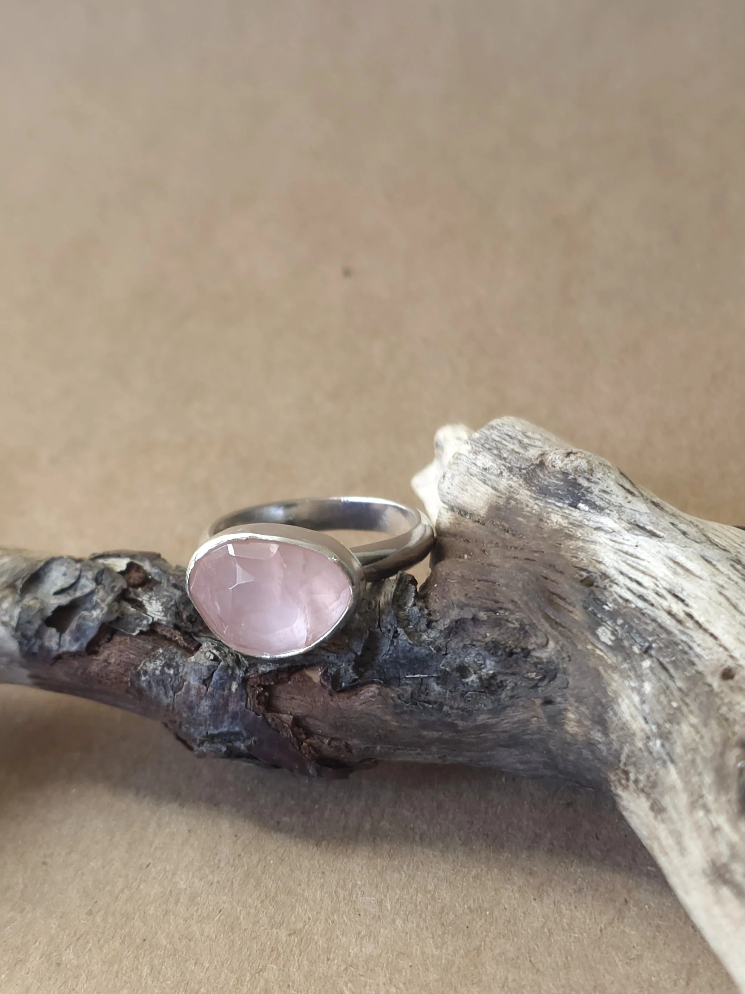Rose Cut Rose Quartz Ring | Minimalist Sterling Silver Pink Stone Ring | Size 7