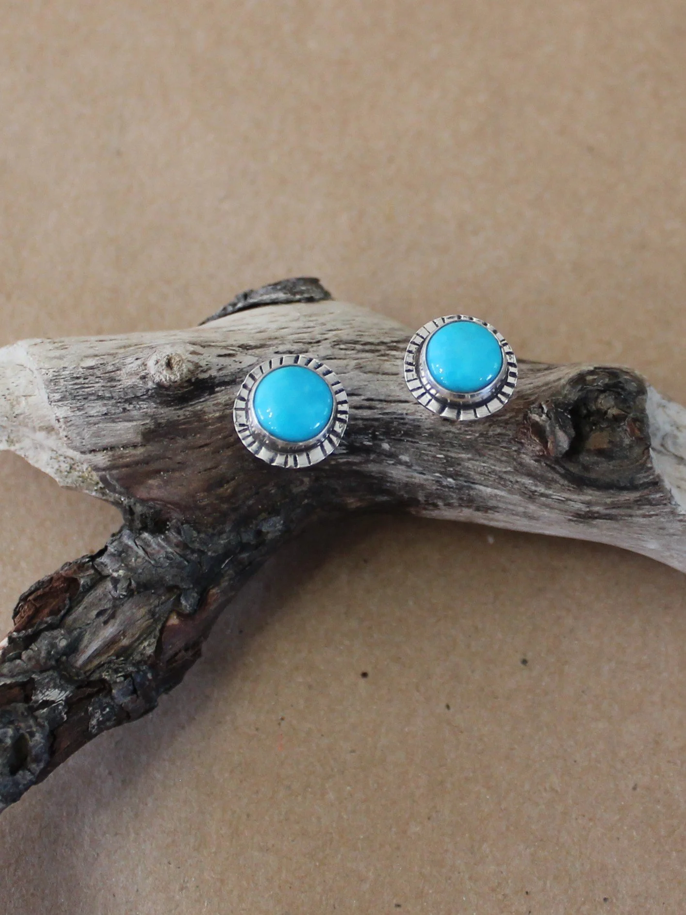 Round Turquoise Stud Earrings | Sunburst Hand Stamped Border Sterling Silver Post Earrings