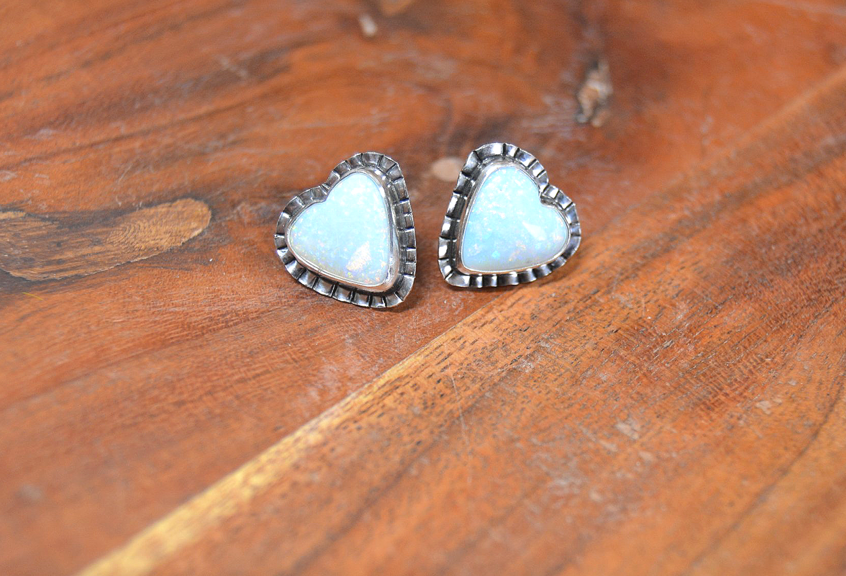 The Celestial Heart Studs: Shimmering Sterling Opal & Silver