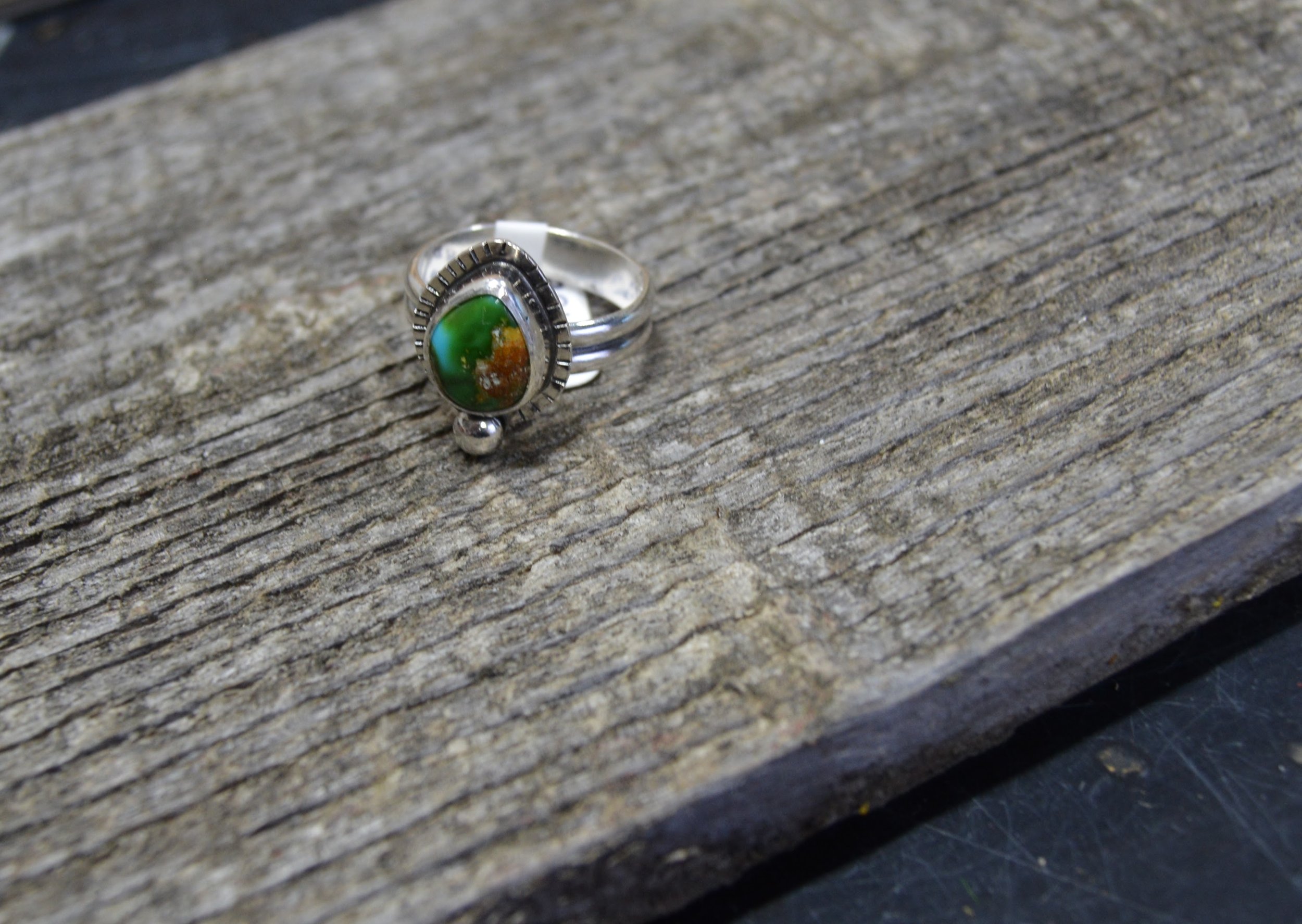 Sonora Gold Turquoise Sterling Silver Ring – Artisan Handcrafted Band- size 10.5