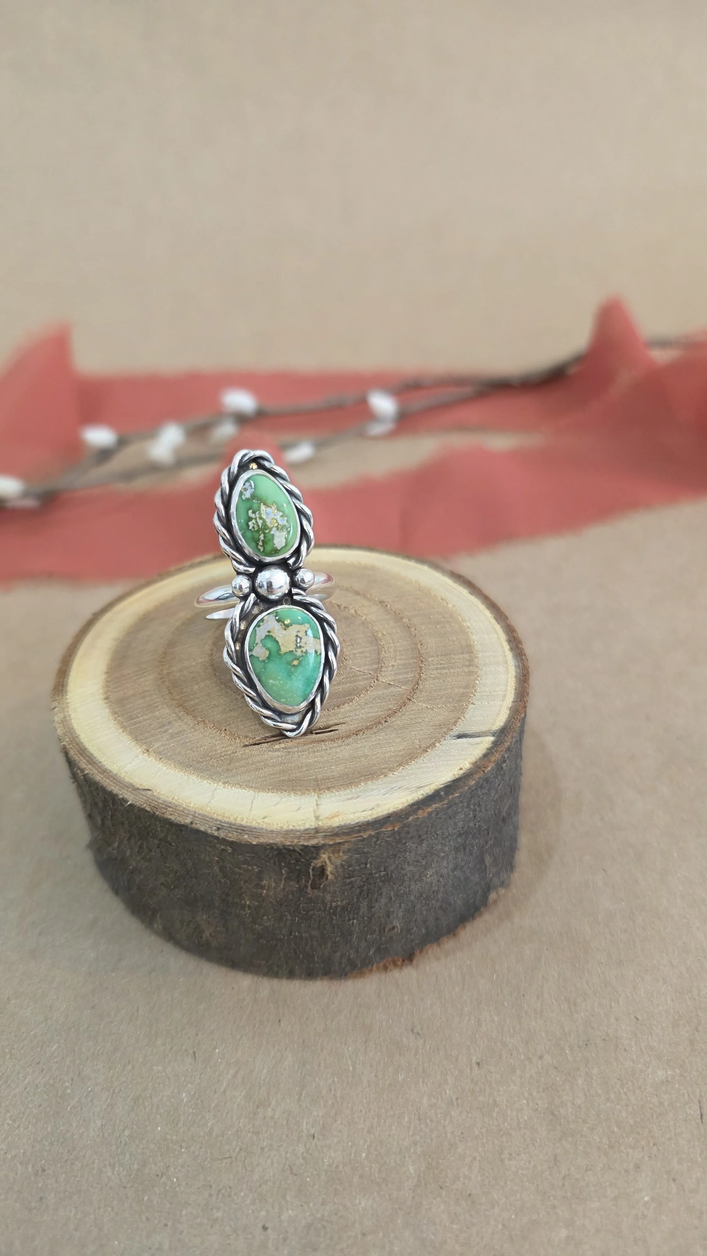 Two Stone Sonoran Turquoise Ring with Wire Rope boarder and Pebble Accents - Size 7.75