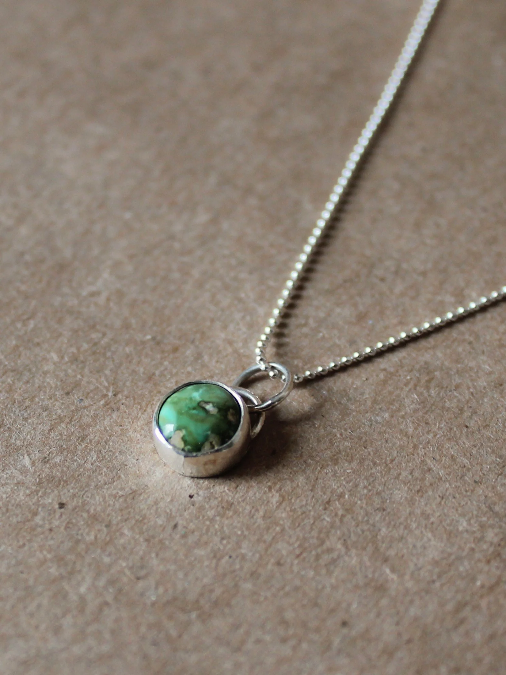 Round Sonoran Gold Turquoise Necklace | Sterling Silver Pebble Chain | 20 Inch