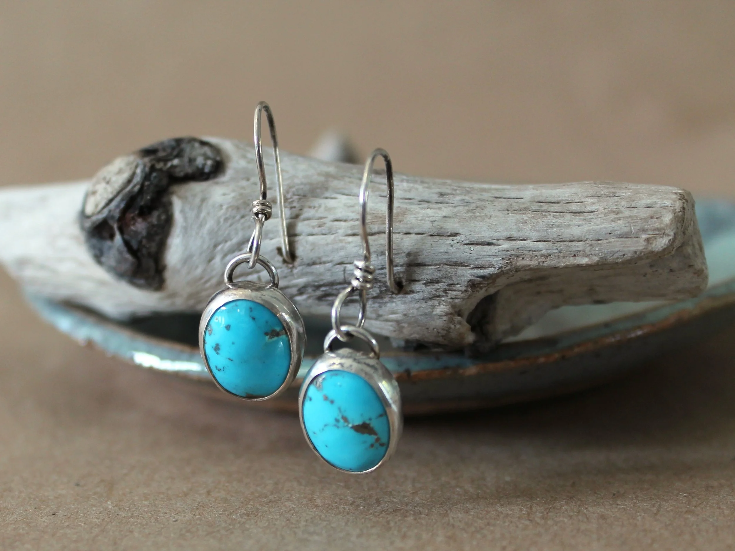 Oval Turquoise Dangle Earrings | Natural Matrix Sterling Silver Drop Earrings