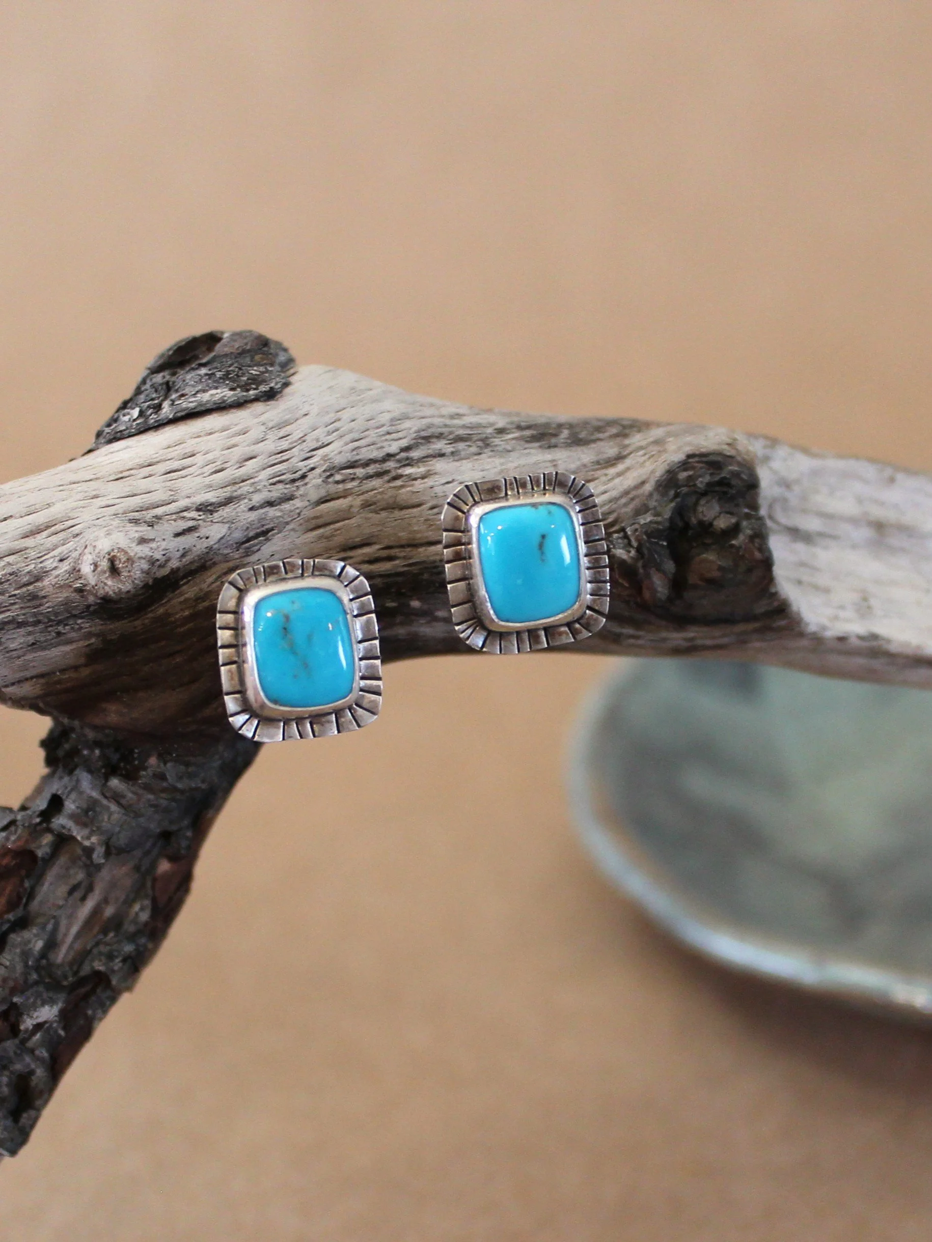 Turquoise Stud Earrings with Dark Veining | Rectangle Hand Stamped Border Sterling Silver Posts