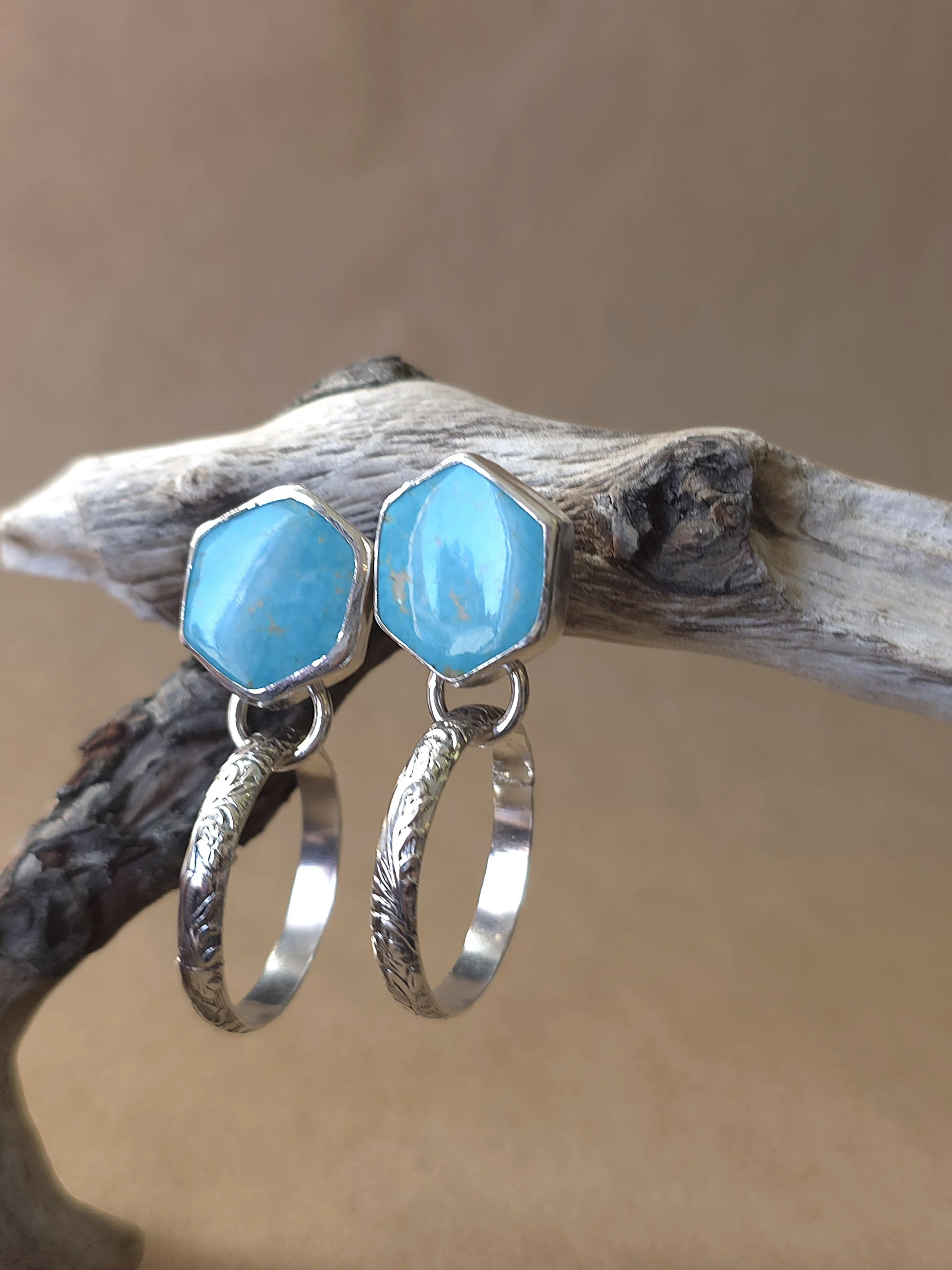 Hexagon Turquoise Stud Earrings | Sterling Silver Floral Hoop Dangle Earrings