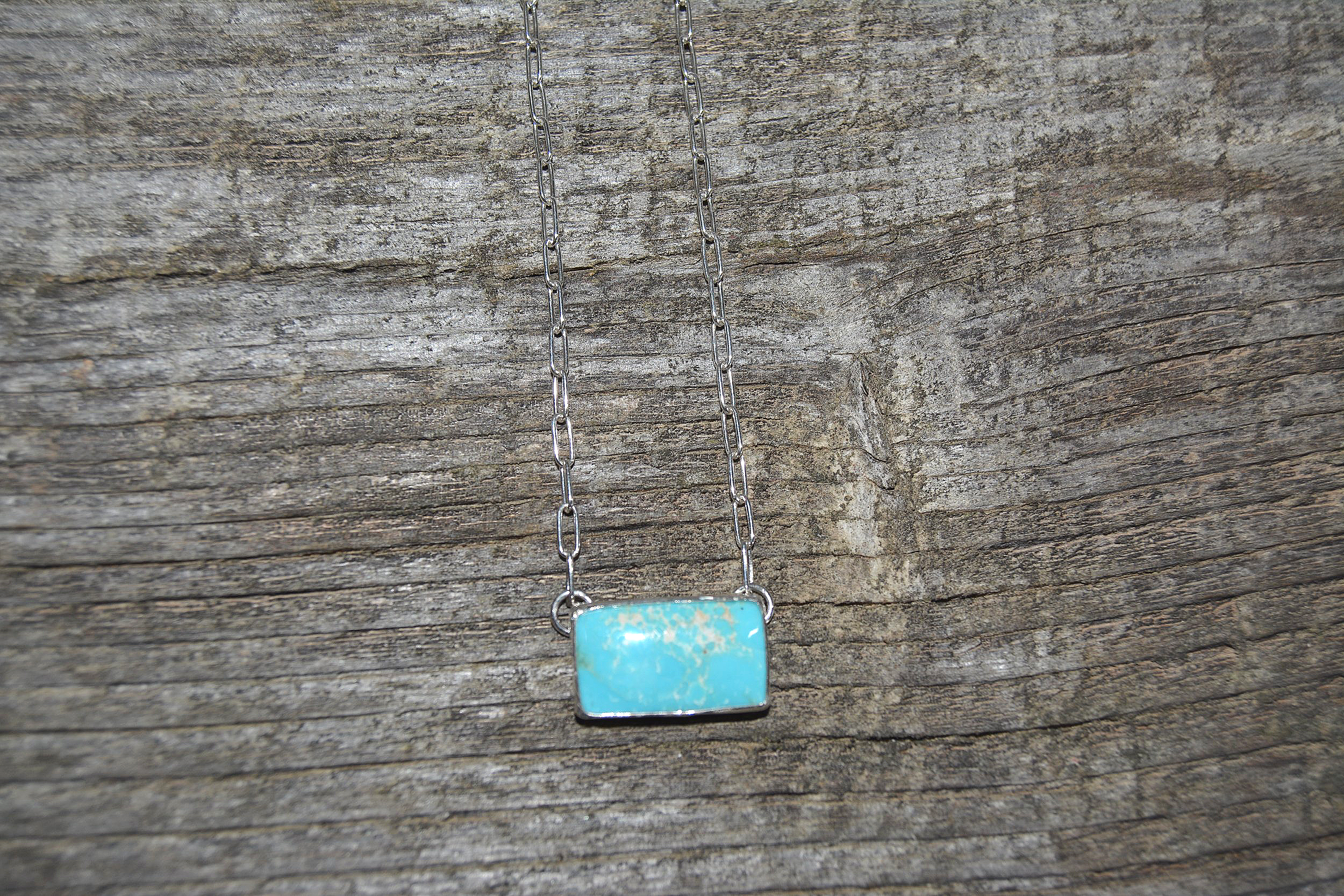 Rectangular Turquoise Bar Necklace – Sterling Silver Paperclip Chain- 16 inch