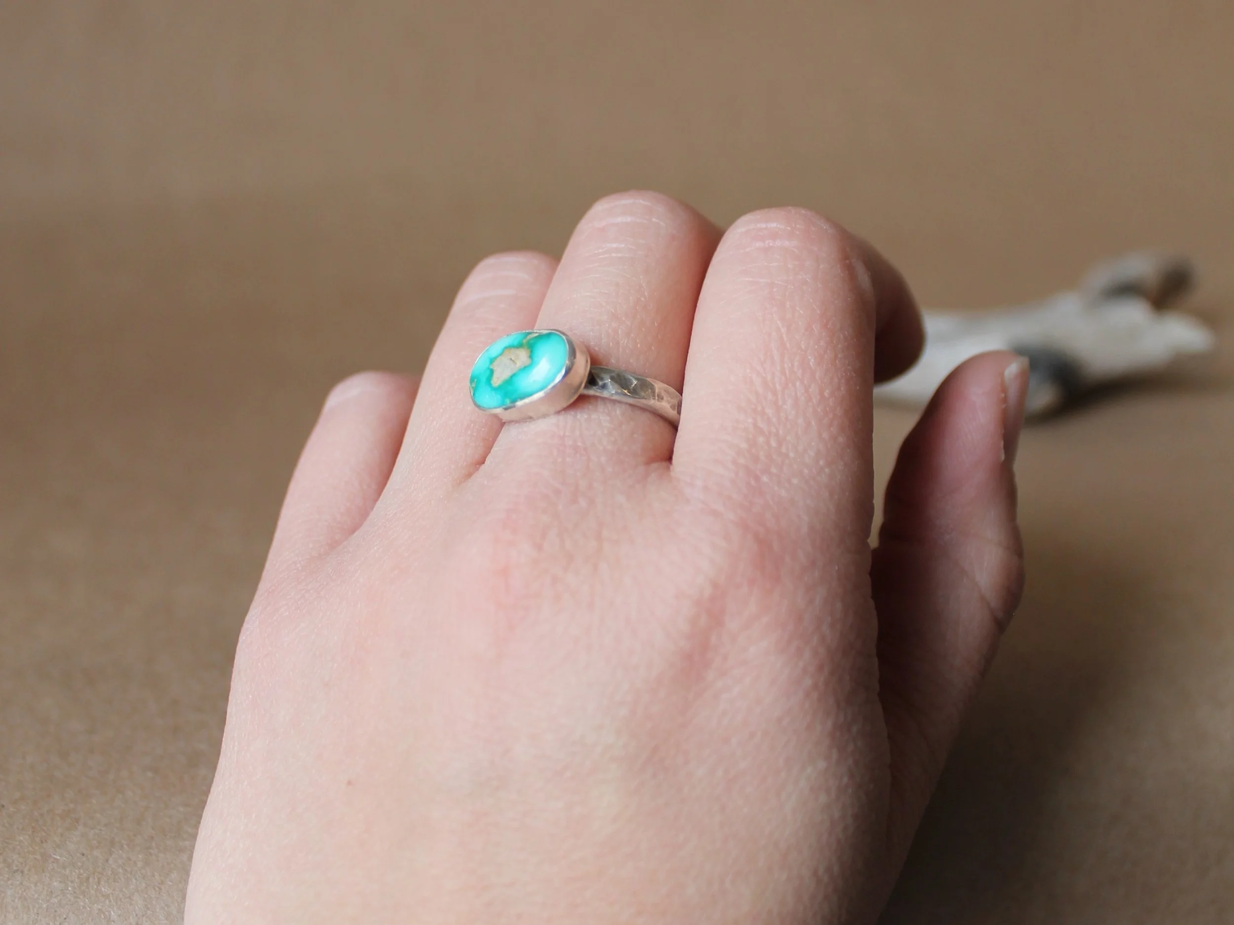 Sonoran Turquoise Ring | Hand Fabricated Hammered Band Sterling Silver Ring | Size 8.5