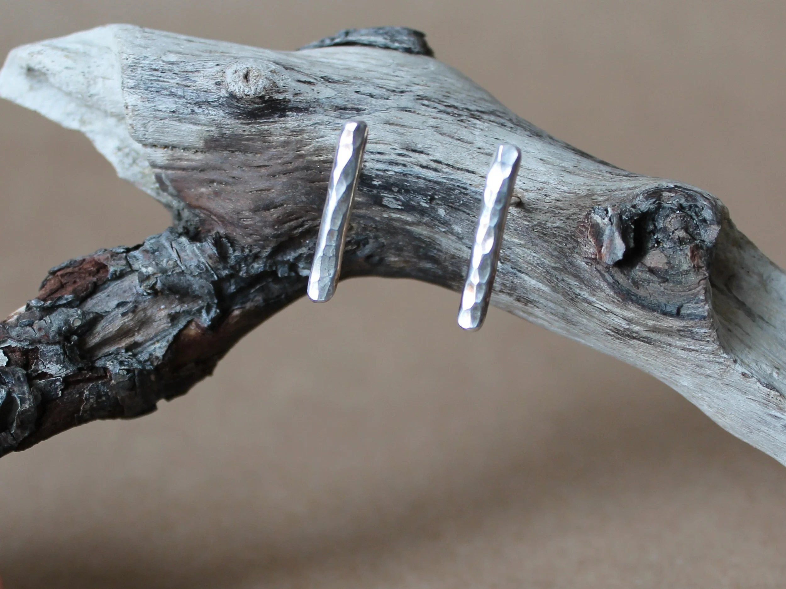 Hammered Bar Stud Earrings | Minimalist Solid Sterling Silver Bar Earrings