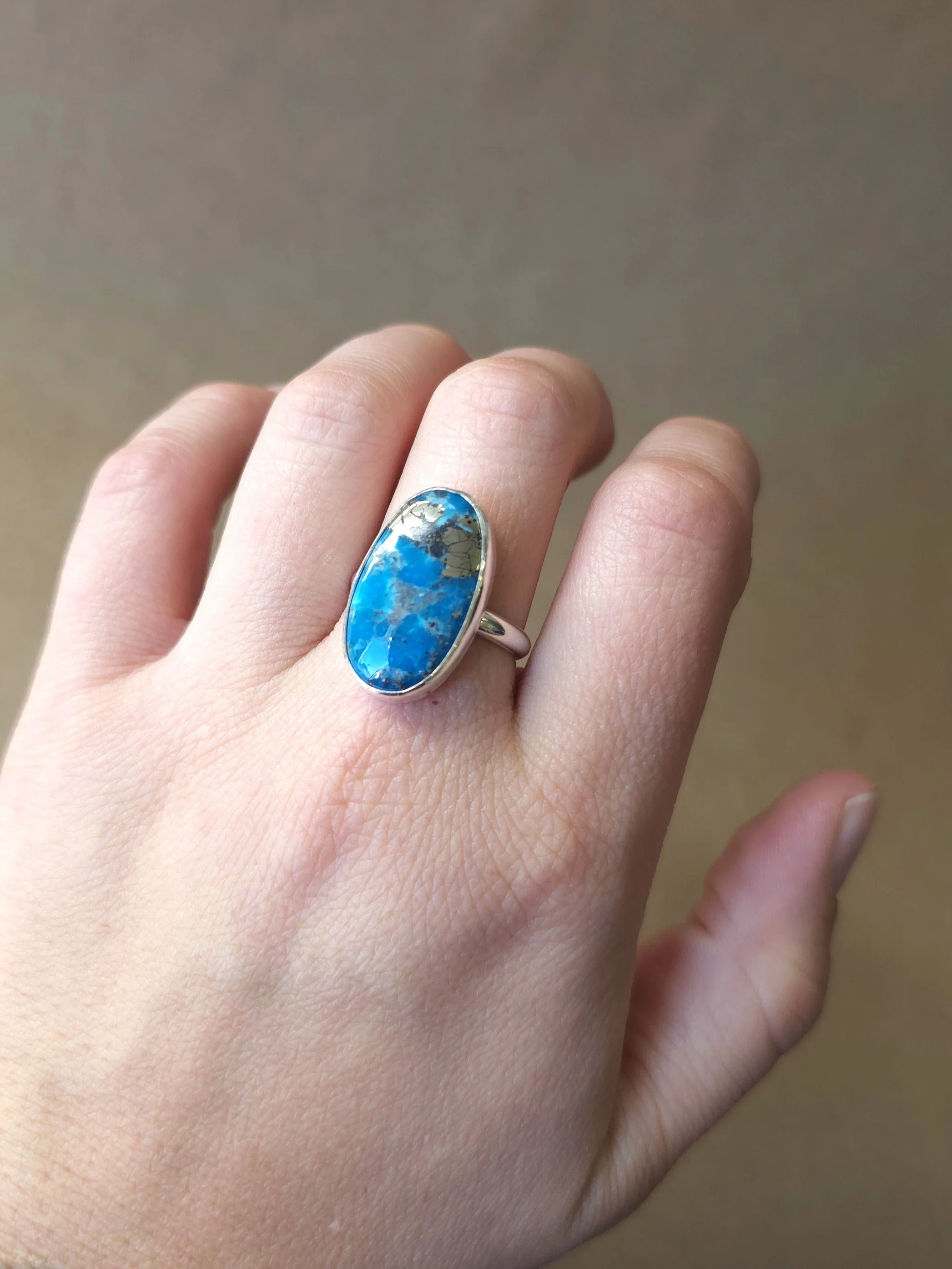 Persian Turquoise Ring with Pyrite | Large Oval Sterling Silver Statement Ring | Size 8.5