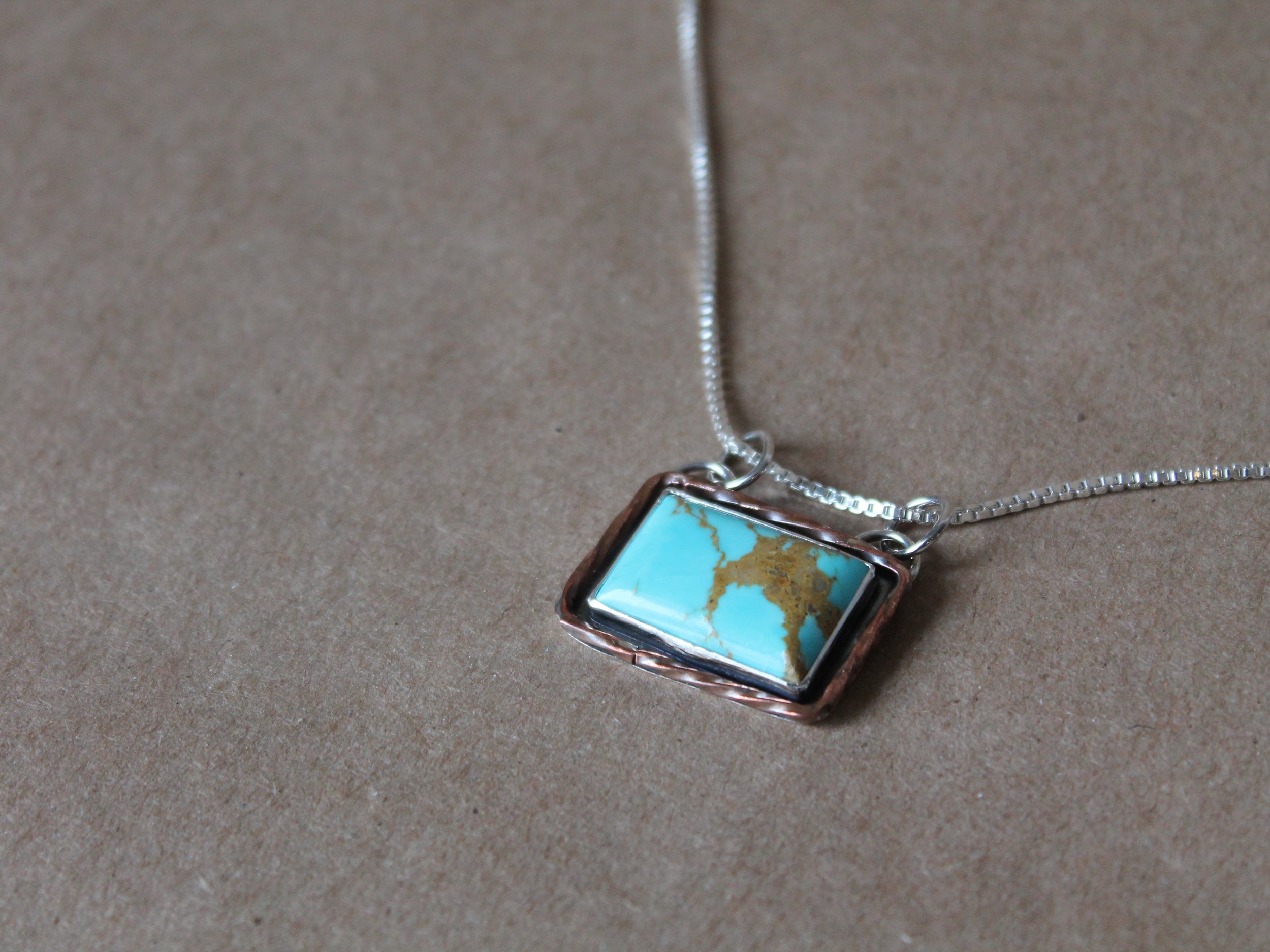 Kingman Turquoise Necklace | Rectangle Pendant with Twisted Copper Border | Sterling Silver Box Chain 18 Inch
