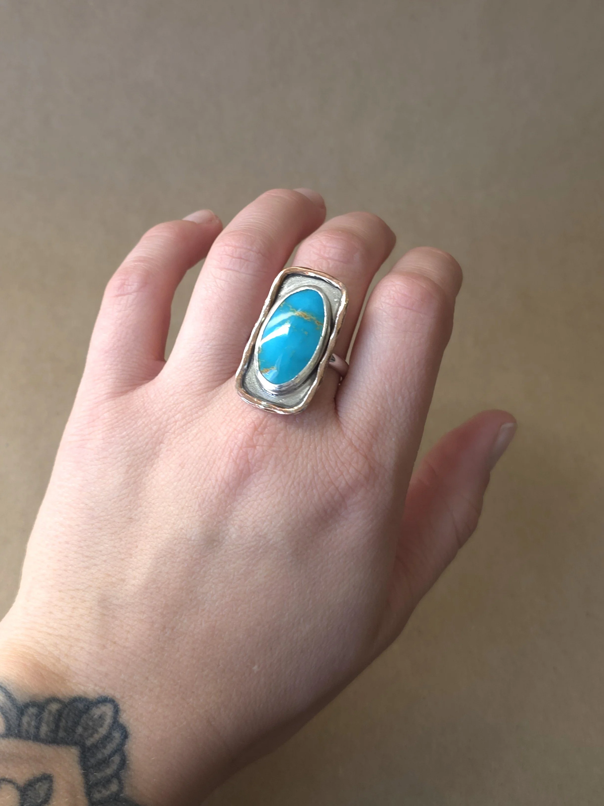 Oval Turquoise Ring | Sterling Silver & Copper Shadow Box Ring | Size 10.5