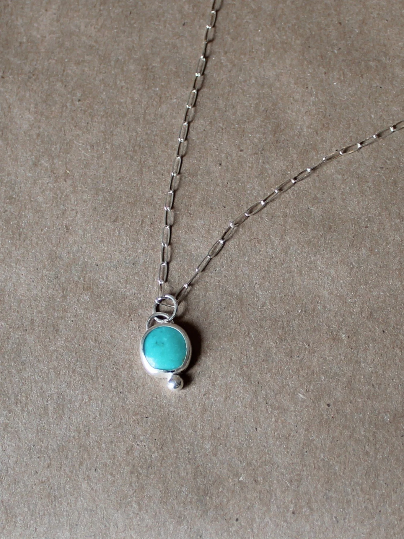 Round Turquoise Pendant Necklace | Dainty Sterling Silver Paperclip Chain | 24 Inch