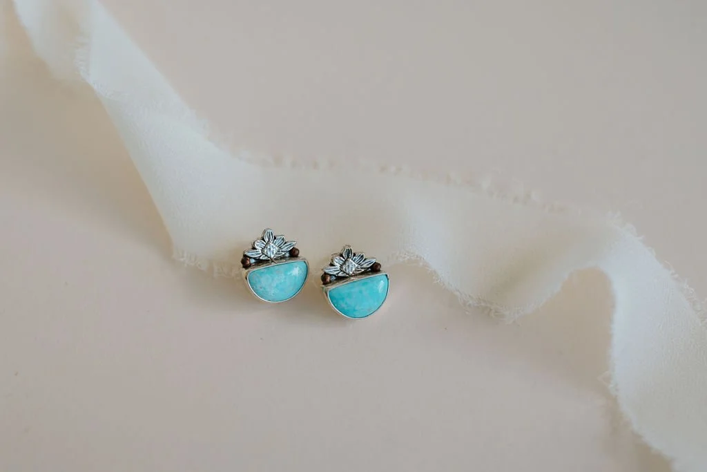 Half Round Turquoise Stud Earrings With Floral Accent 