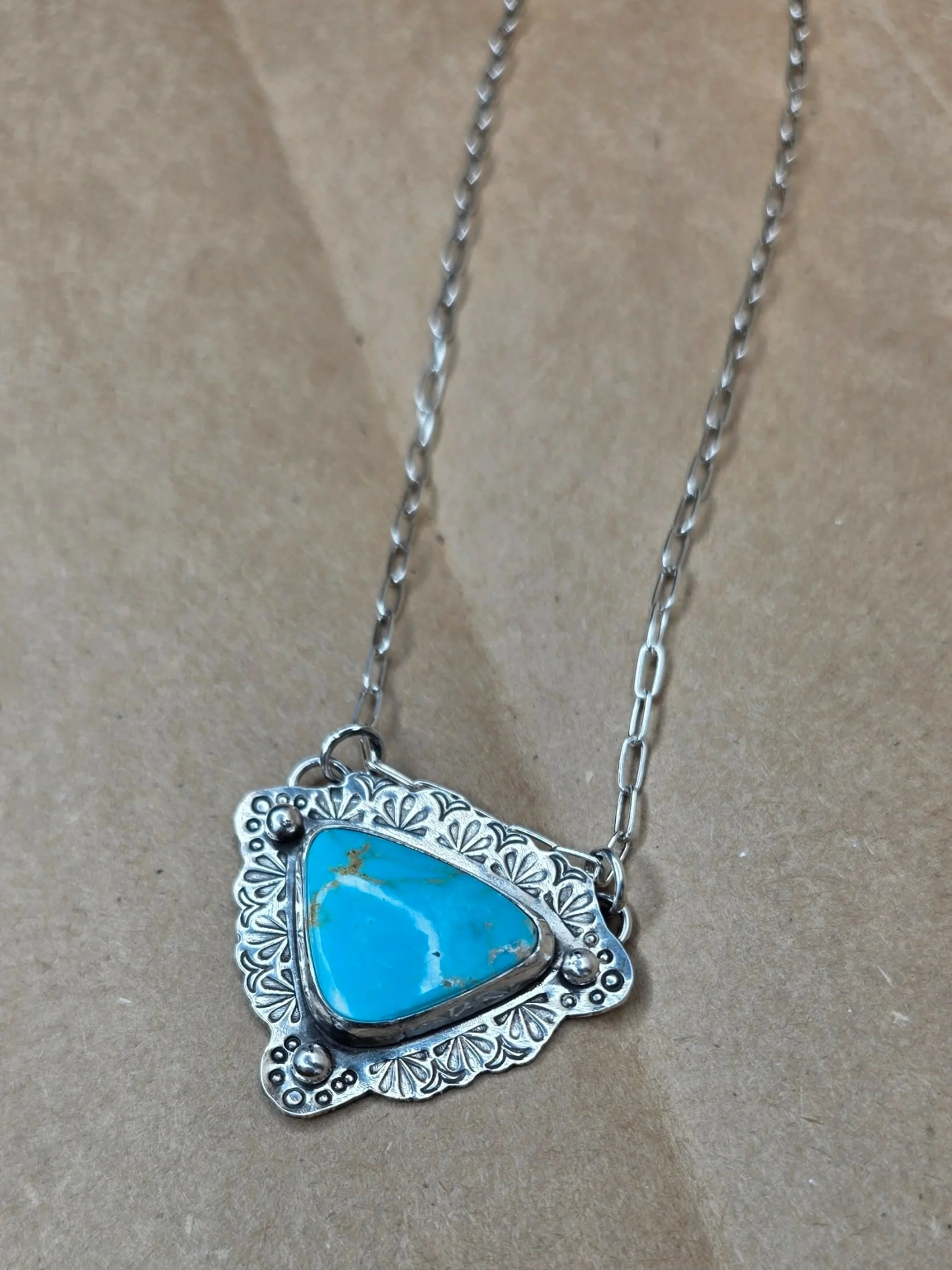 Triangle Turquoise Pendant with Hand stamped Details - 20 Inch Chain