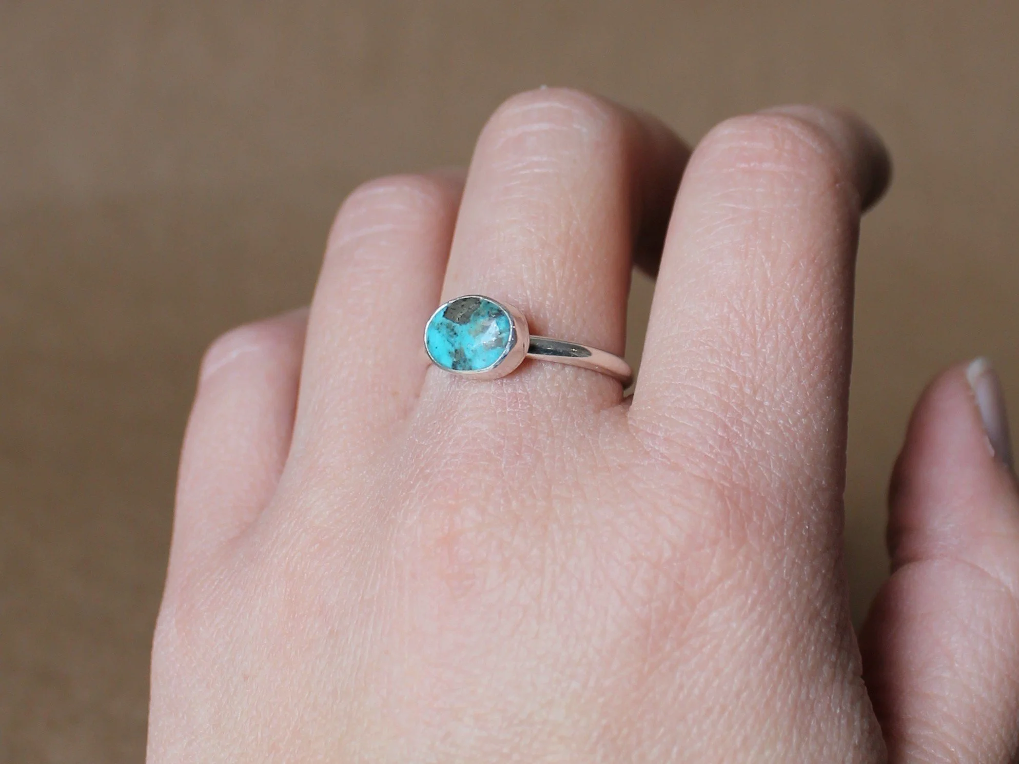 Turquoise Pyrite Stacking Ring | Hand Fabricated Thin Band Sterling Silver Ring | Size 10