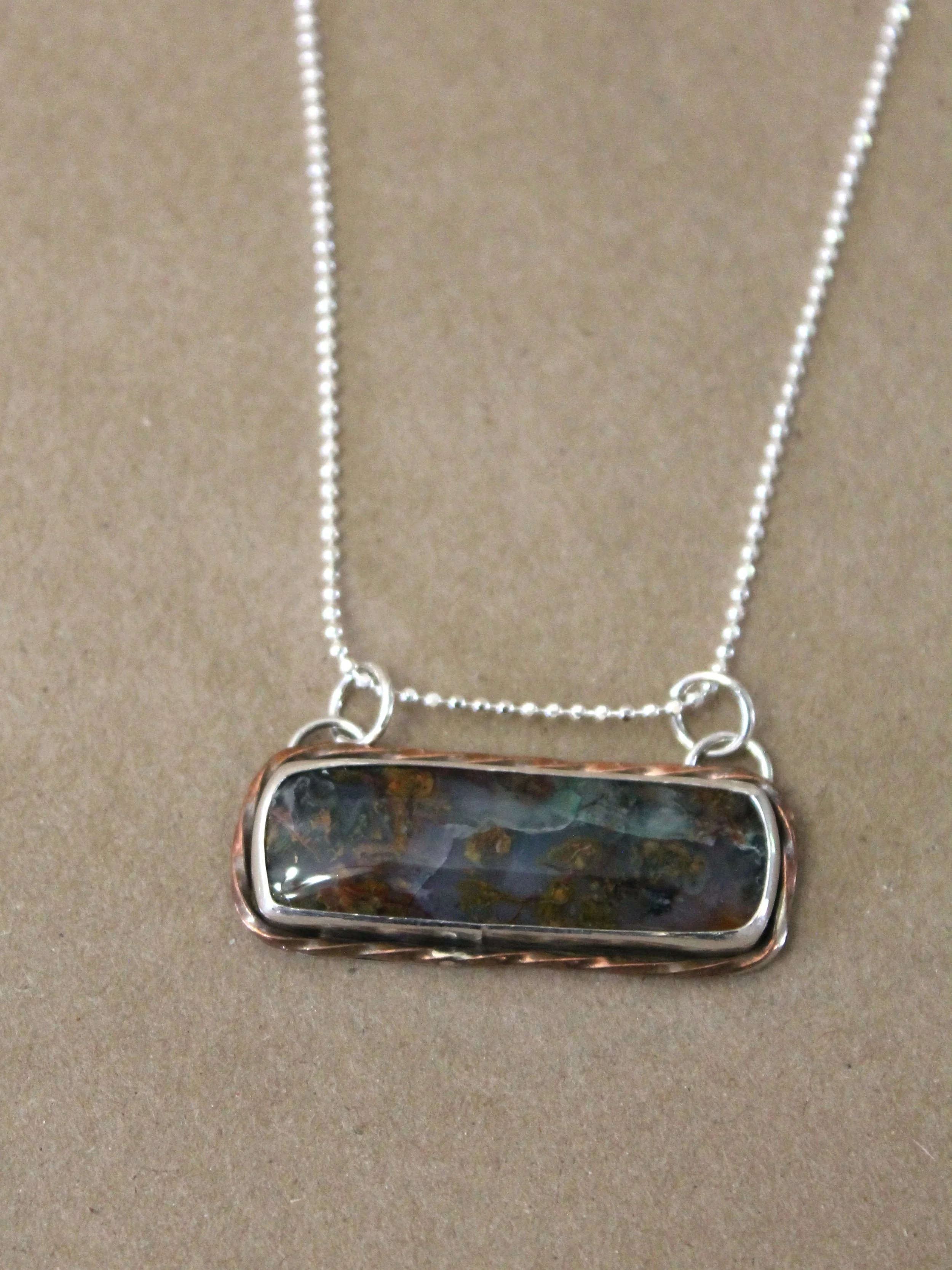 Confetti Chrysocolla Bar Necklace | Twisted Copper & Sterling Silver Statement Pendant | 18 Inch