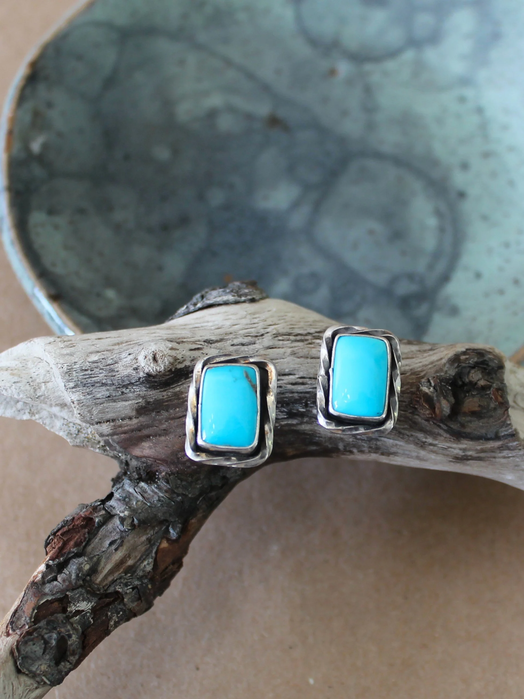 Rectangle Turquoise Stud Earrings | Sterling Silver Twisted Border Post Earrings