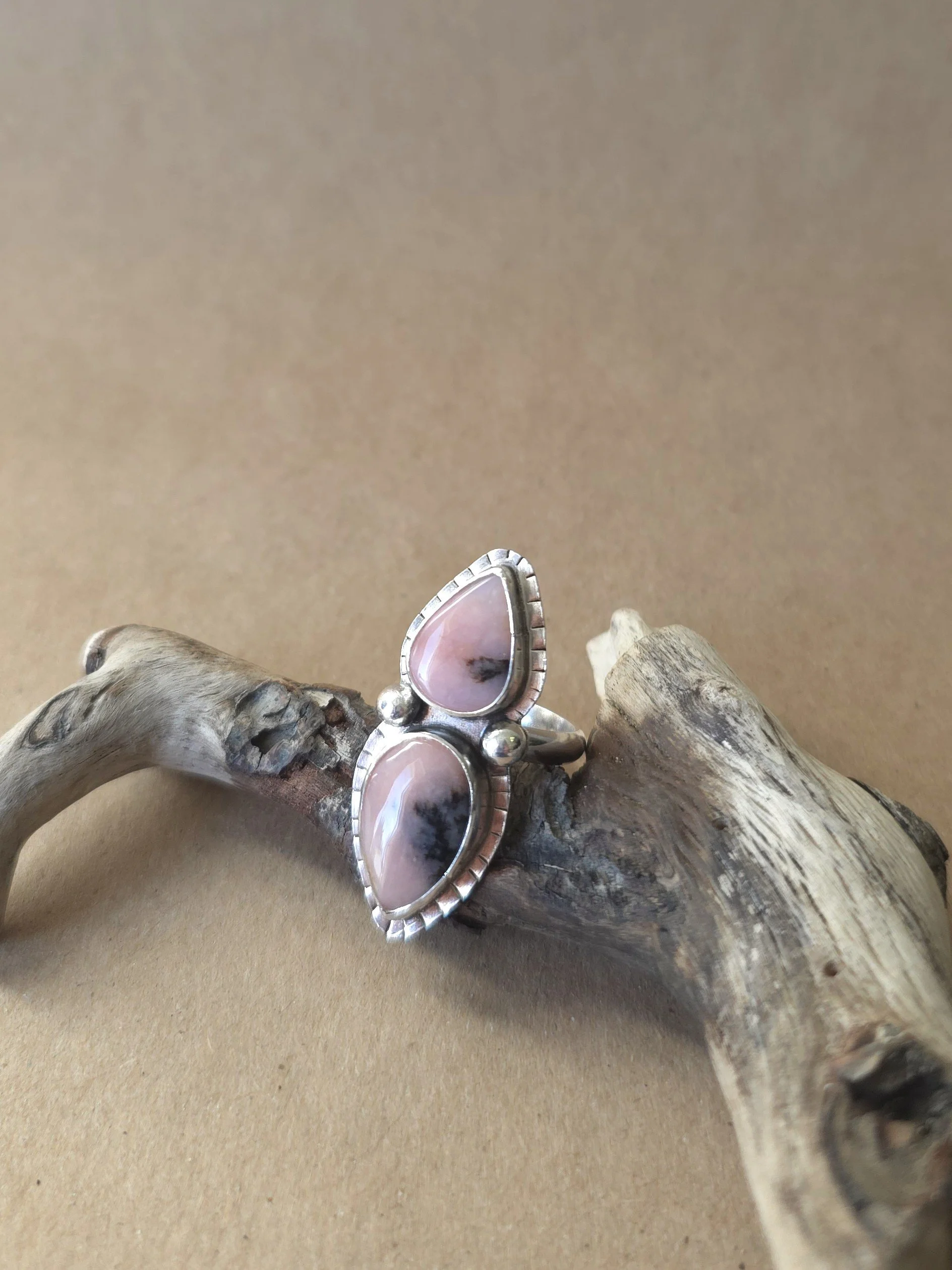 Two Stone Pink Opal Ring | Sterling Silver Statement Ring | Size 7.5