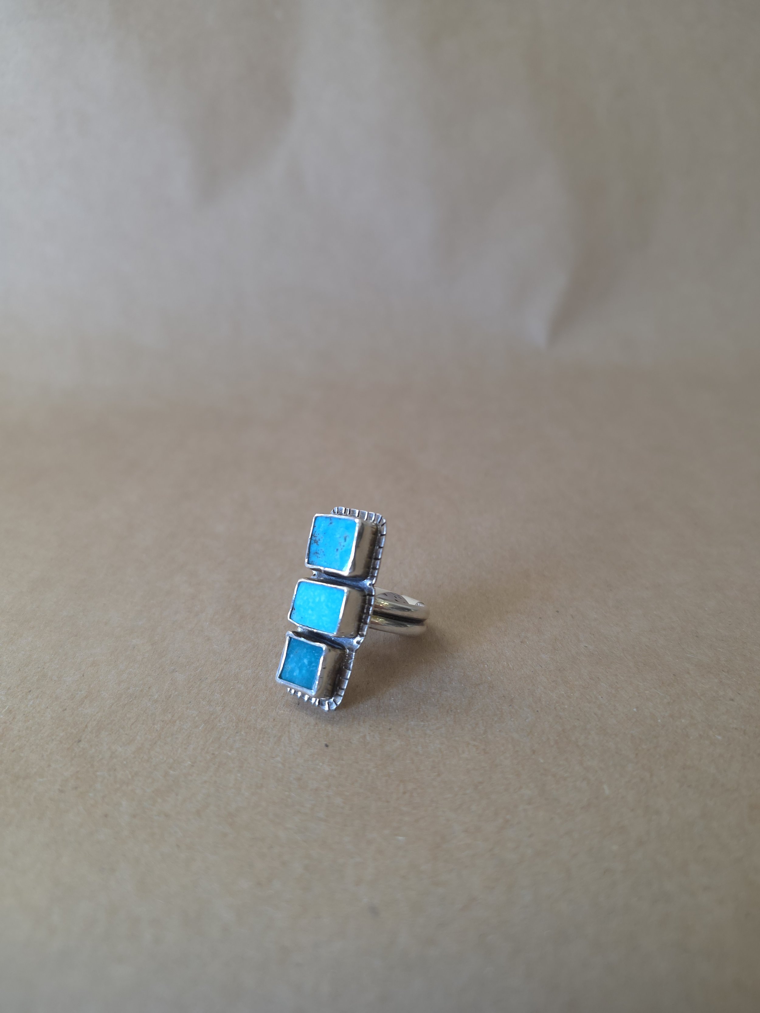 Three Stone Turquoise Ring | Sterling Silver Southwestern Statement Ring | Size 7.75