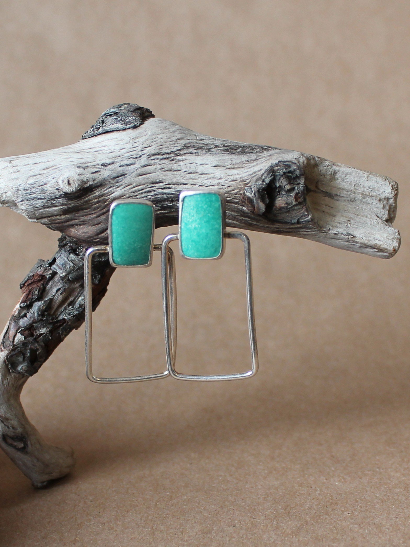 Rectangle Turquoise Stud Earrings | Modern Geometric Sterling Silver Drop Earrings