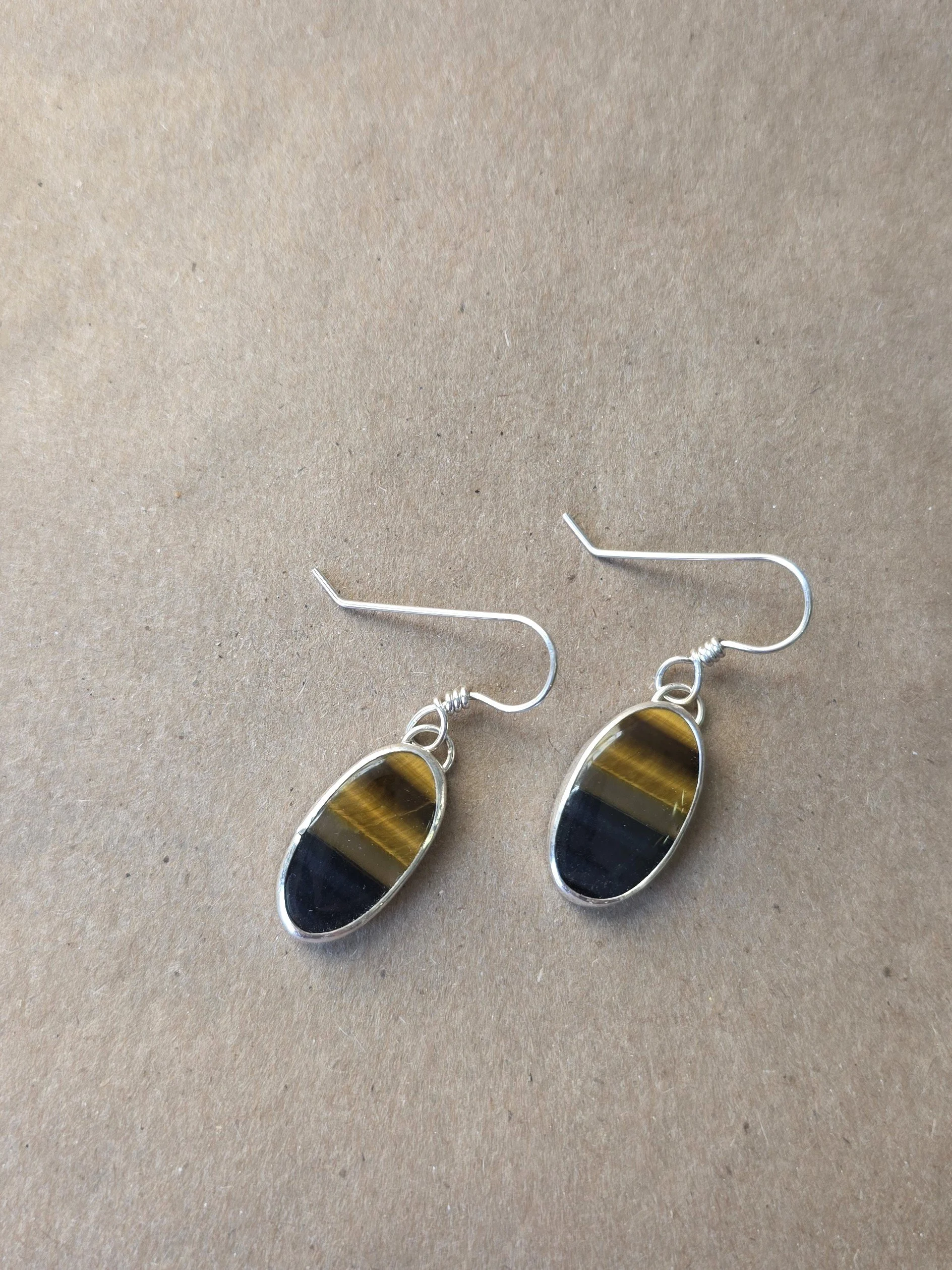 Hawks Eye Dangle Earrings | Sterling Silver Banded Gold & Blue Oval Earrings