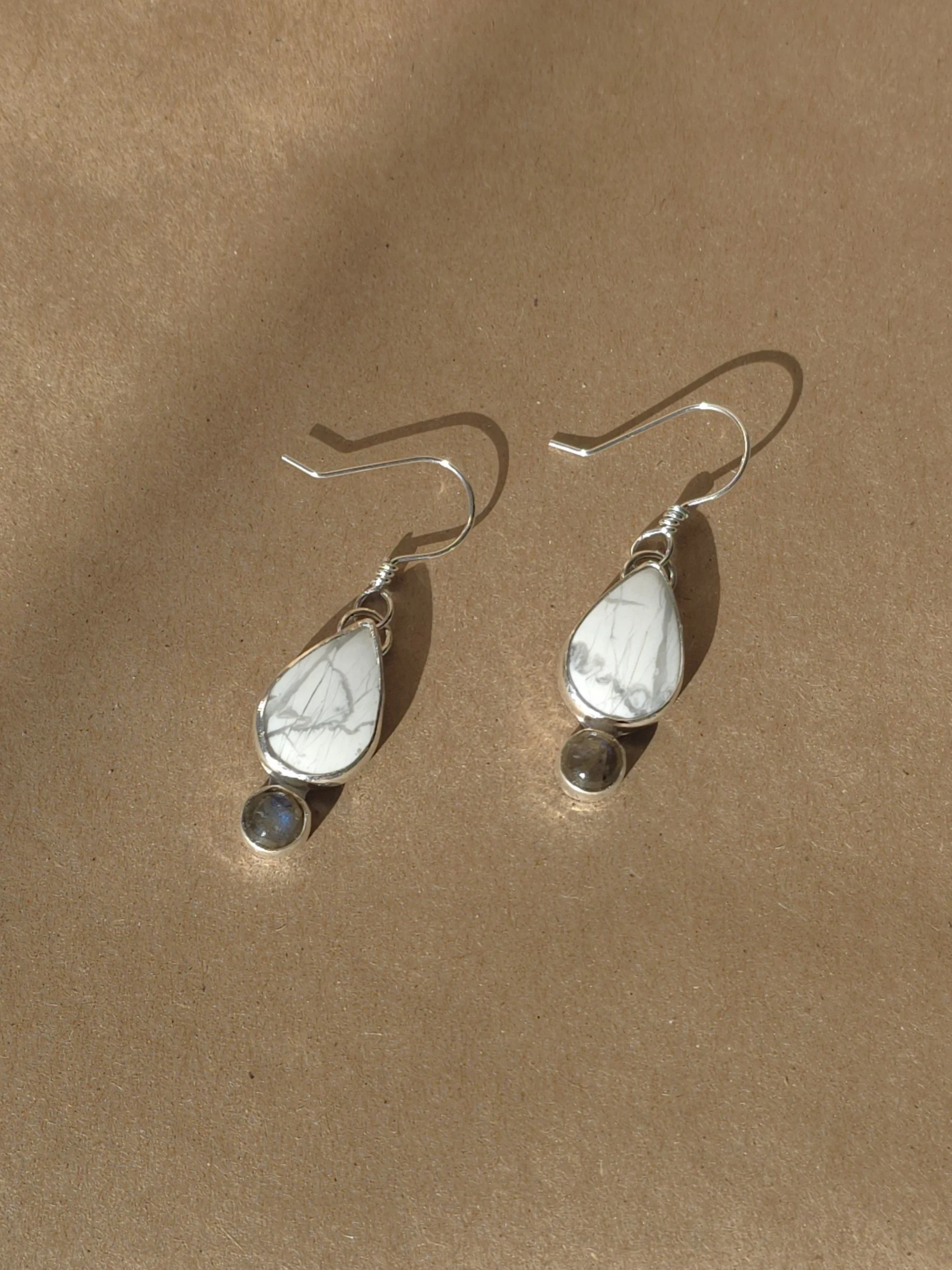 Howlite & Labradorite Earrings | Sterling Silver Raindrop Dangle Earrings