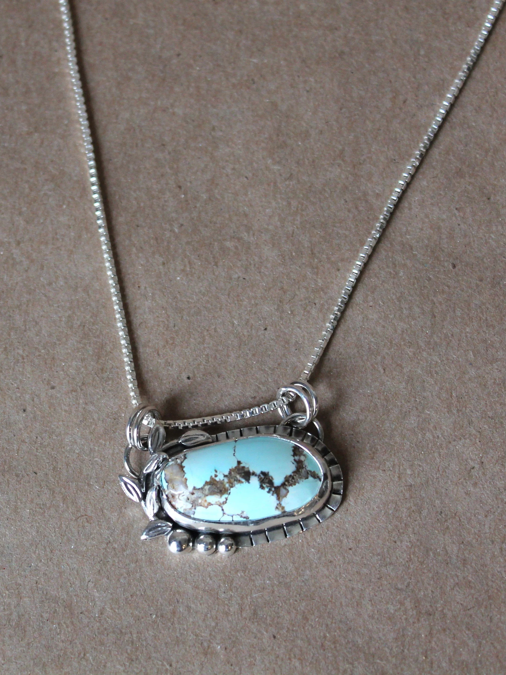 Lone Mountain Turquoise Necklace | Sterling Silver Pendant with Leaves & Pebbles | 18 Inch Box Chain