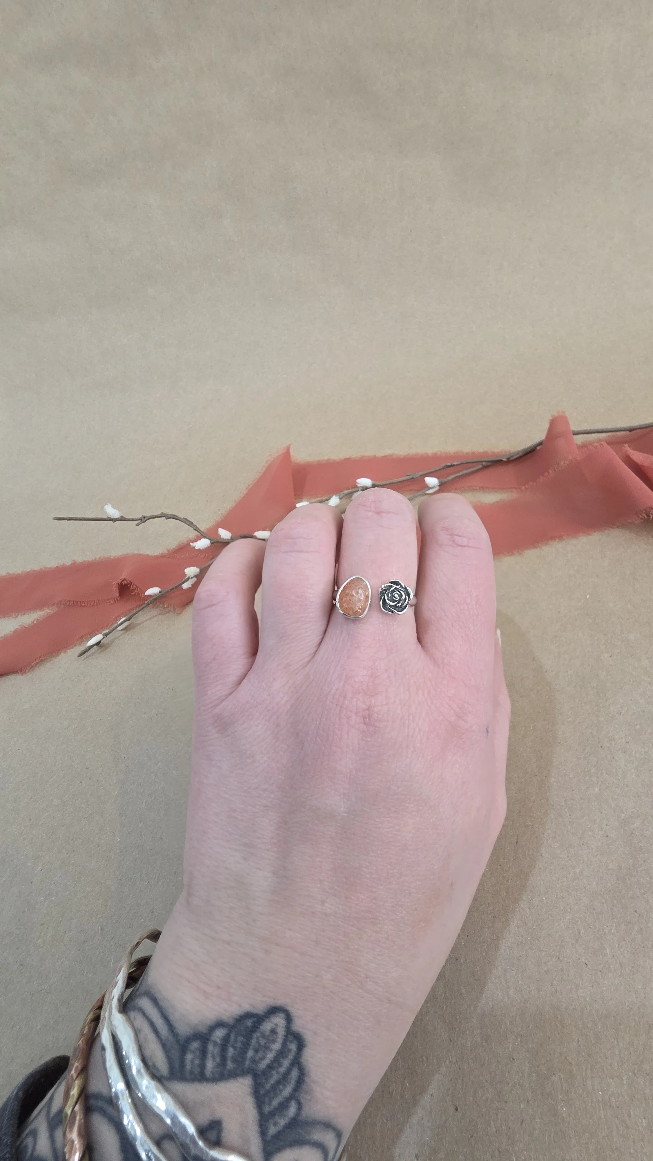 Split Band Ring Size 7 - Silver Rose and Sunstone