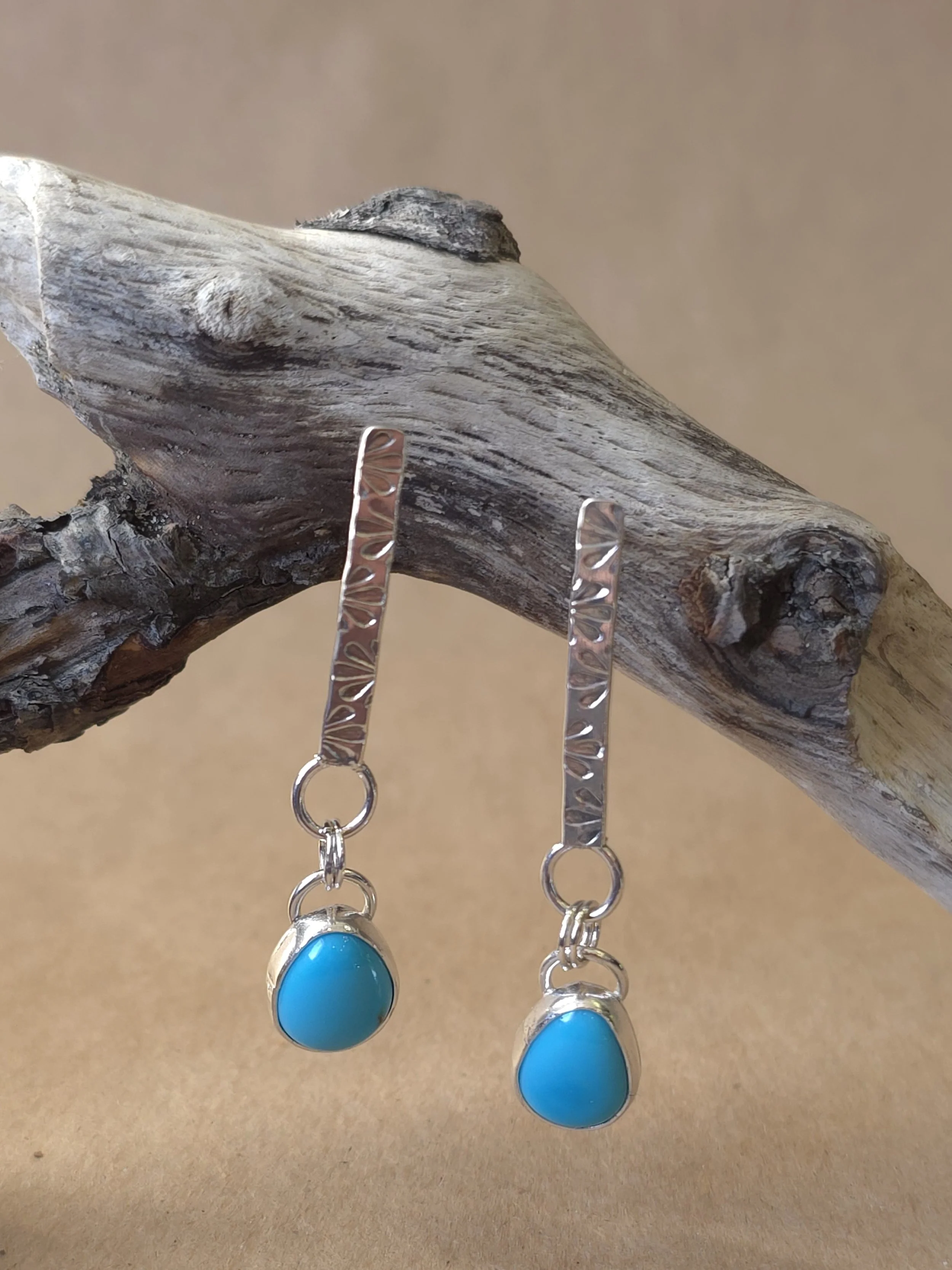 Stamped Bar Stud Earrings | Sterling Silver Dangle Earrings with Raindrop Turquoise