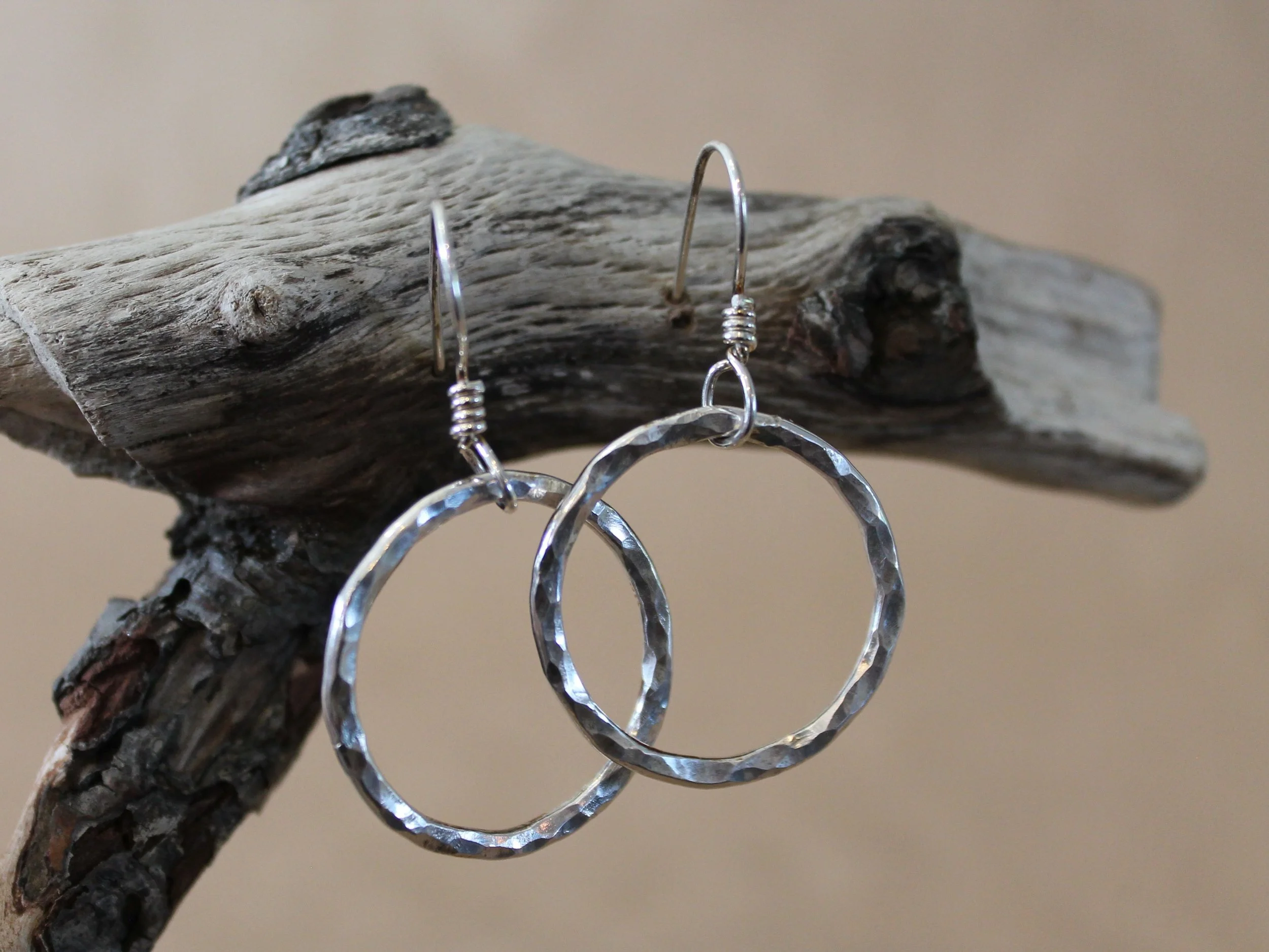 Hammered Circle Dangle Earrings | Minimalist Sterling Silver Open Circle Earrings