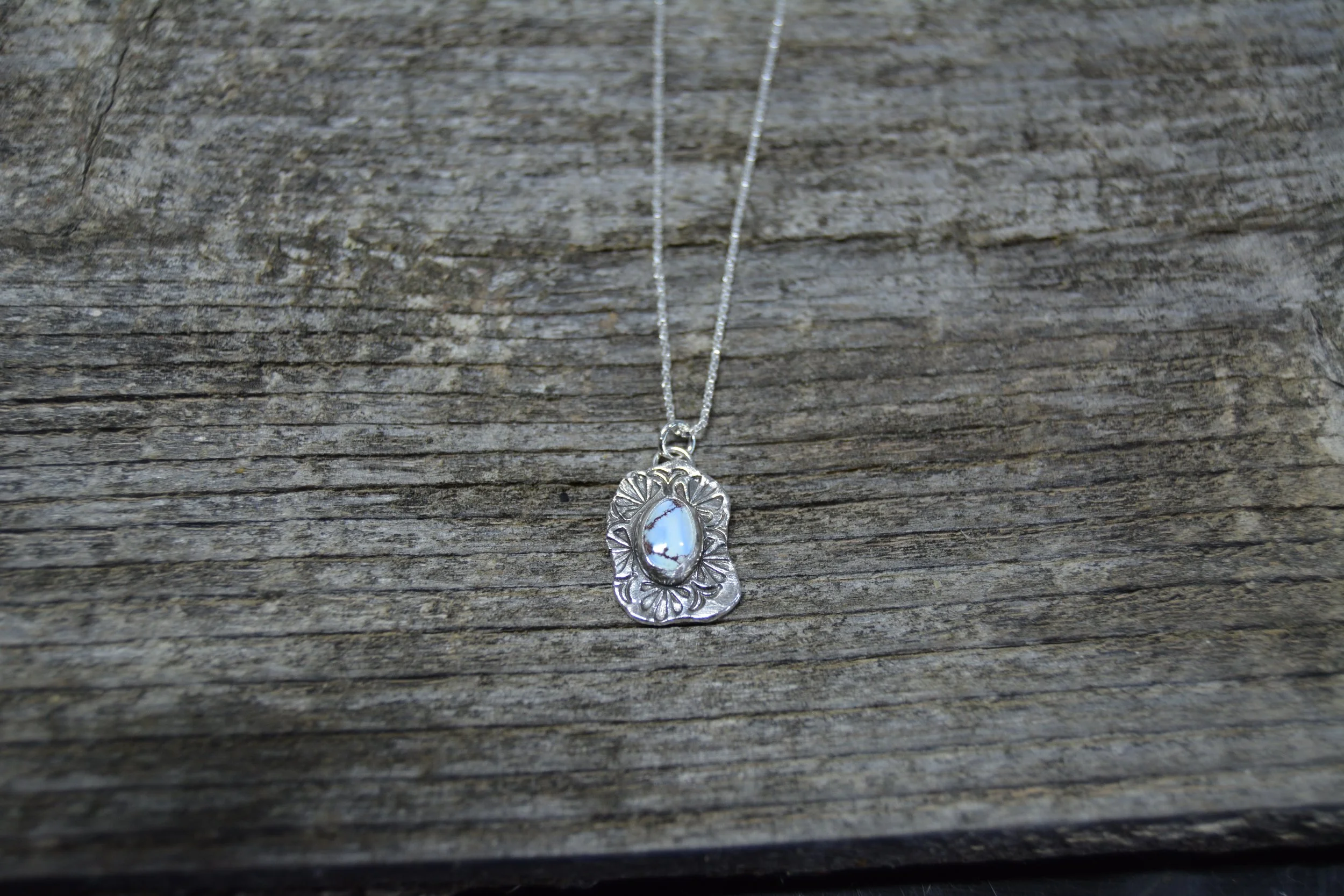 Boho Stamped Silver Turquoise Necklace- 16 inch chain