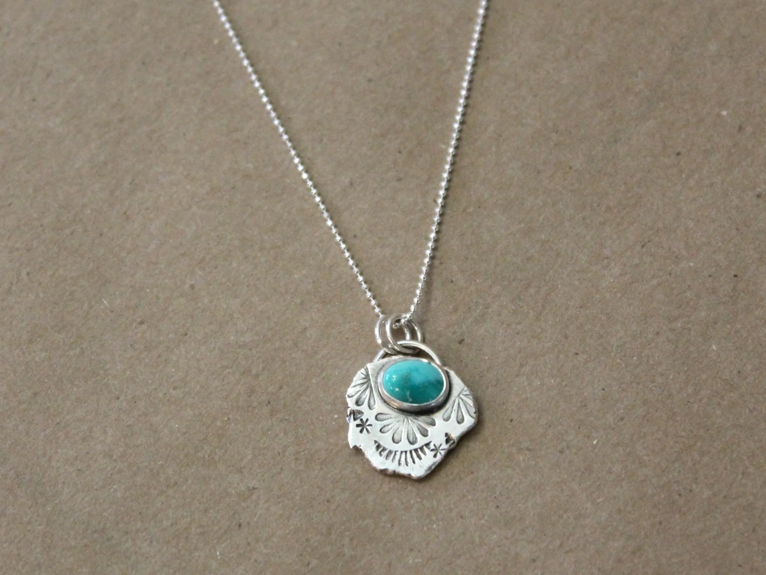 Tiny Floral Stamped Turquoise Necklace | Recycled Sterling Silver Pendant | 18 Inch