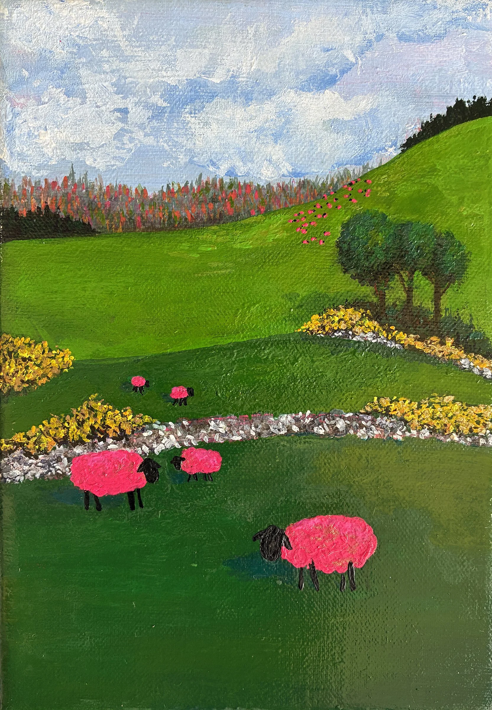 Colorful painting of pink sheep standing in green fields.