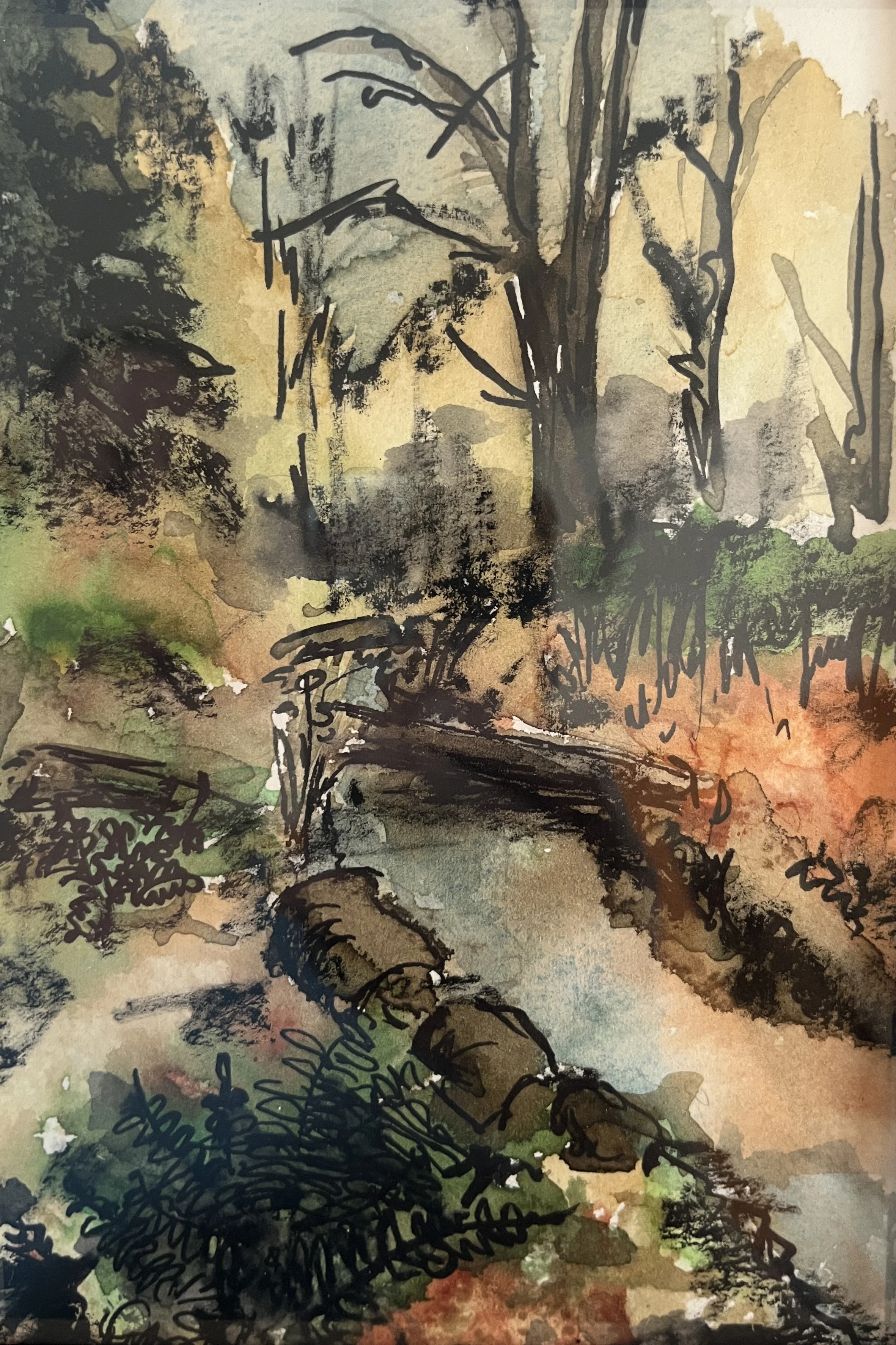 Framed watercolor and ink landscape