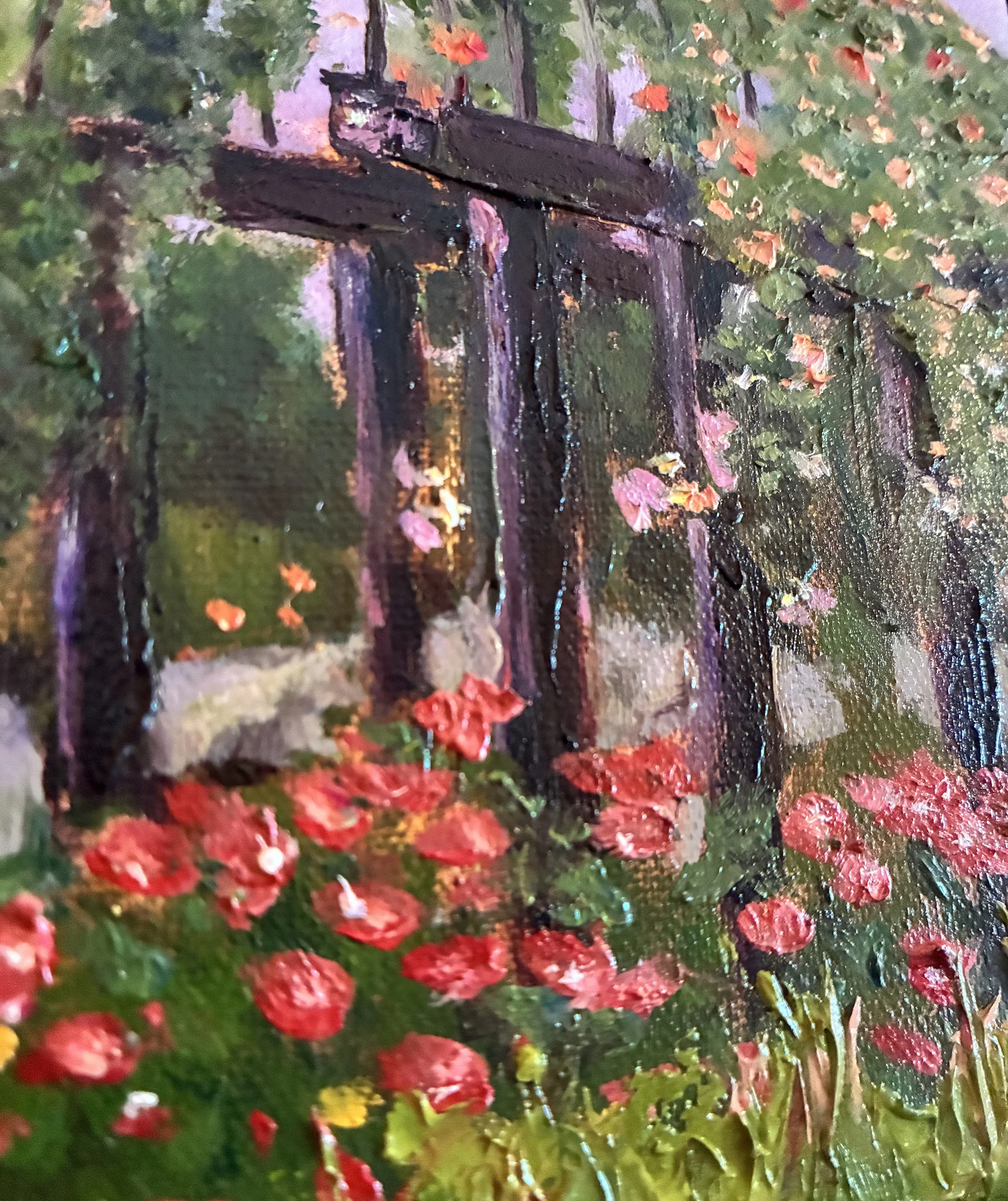 Close up of oil painting showing the texture on the canvas.