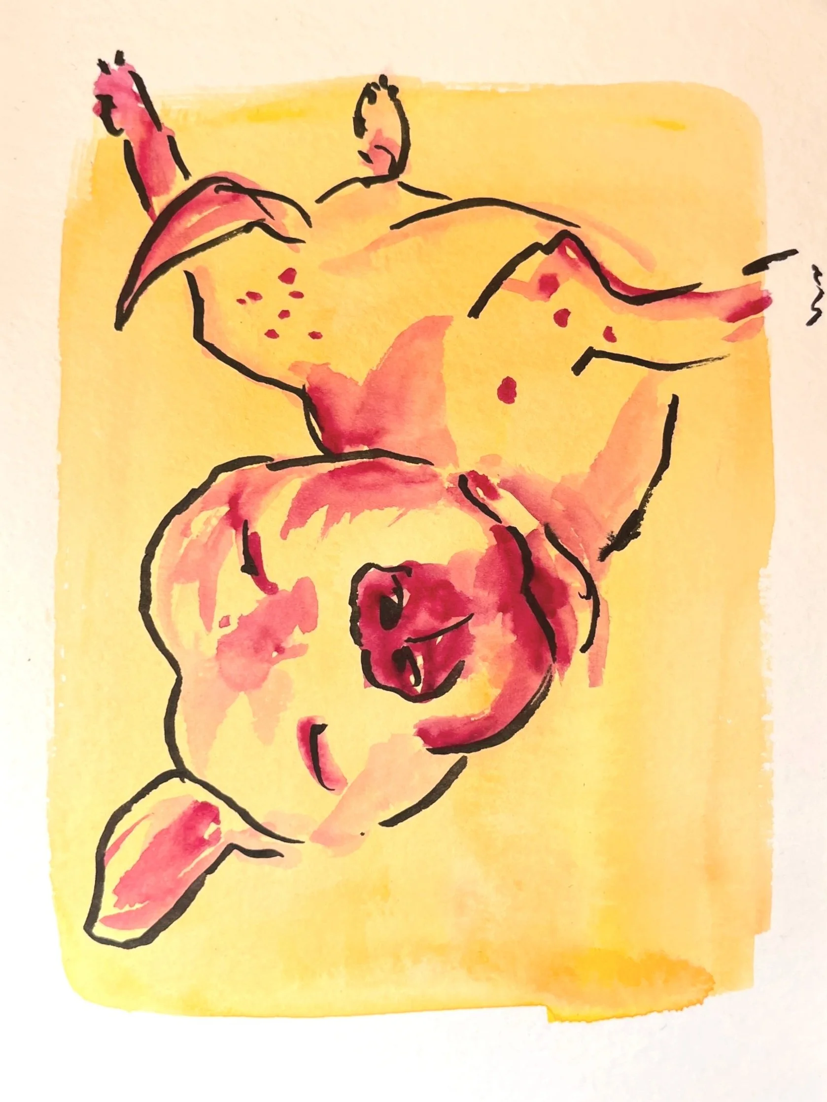 A sketch of a dog on a bright yellow background. His eyes are closed, his ear has flopped out, and he looks like he's incredibly comfortable!