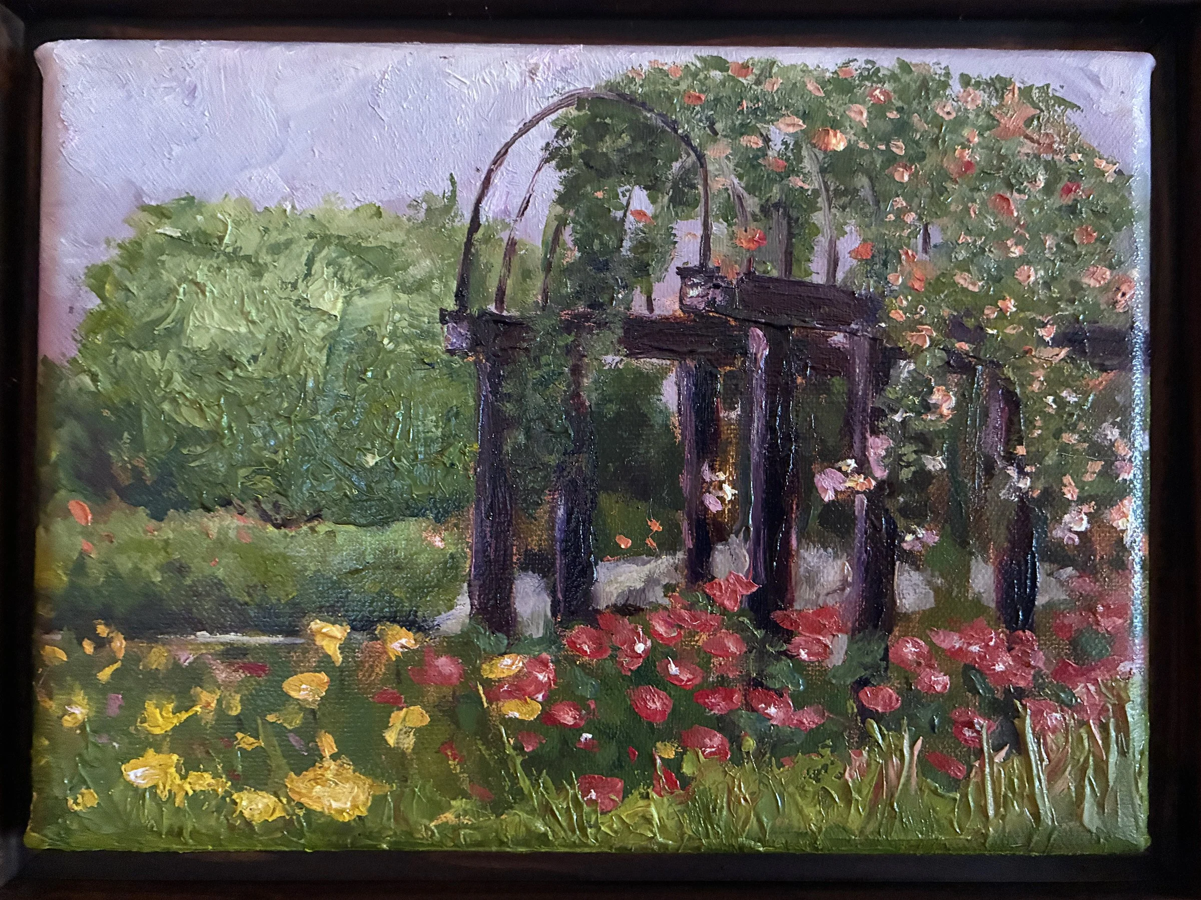 Oil painting of a pergola in a garden full of blooms.