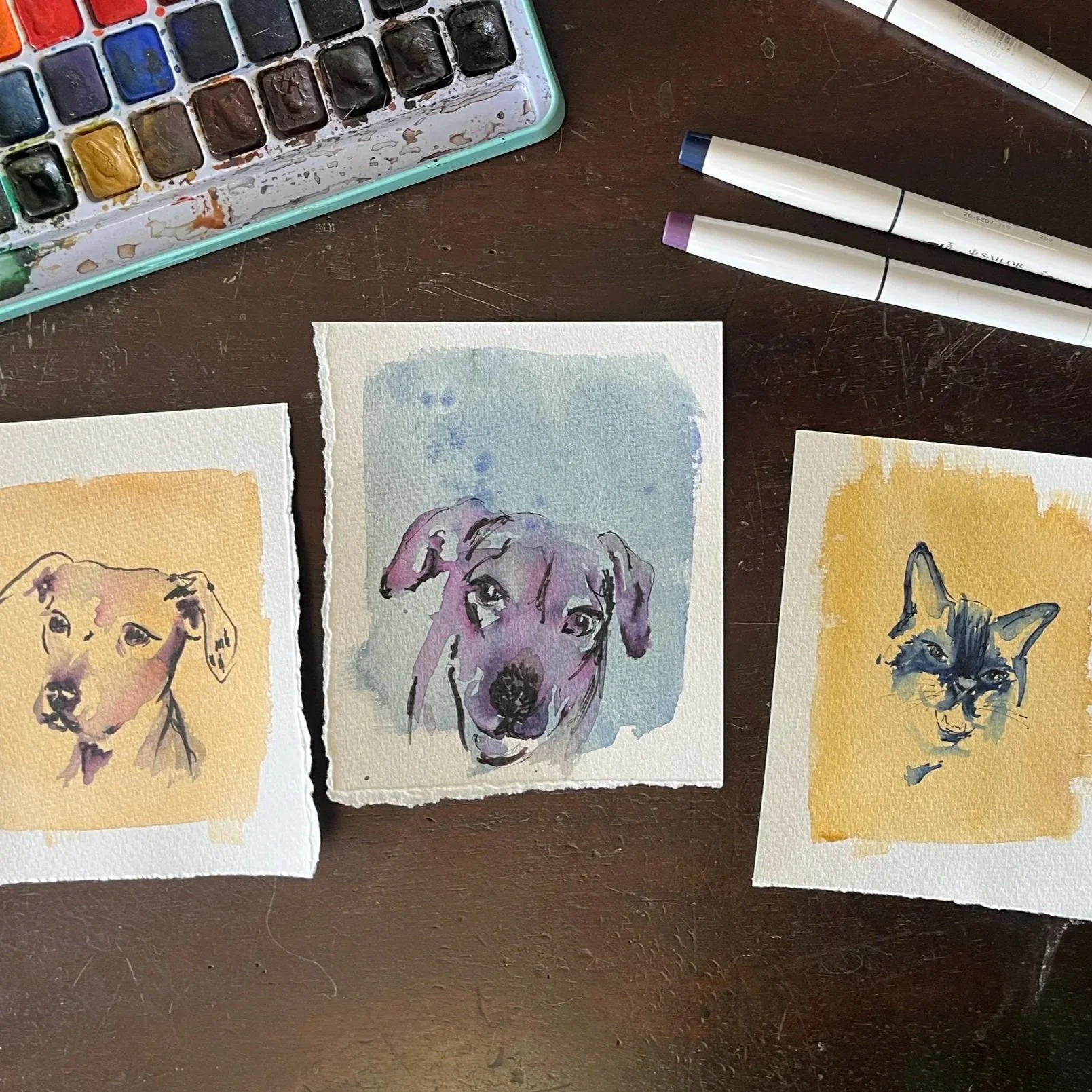 Three pet portraits on a dark background. They are surrounded by watercolors and pens.