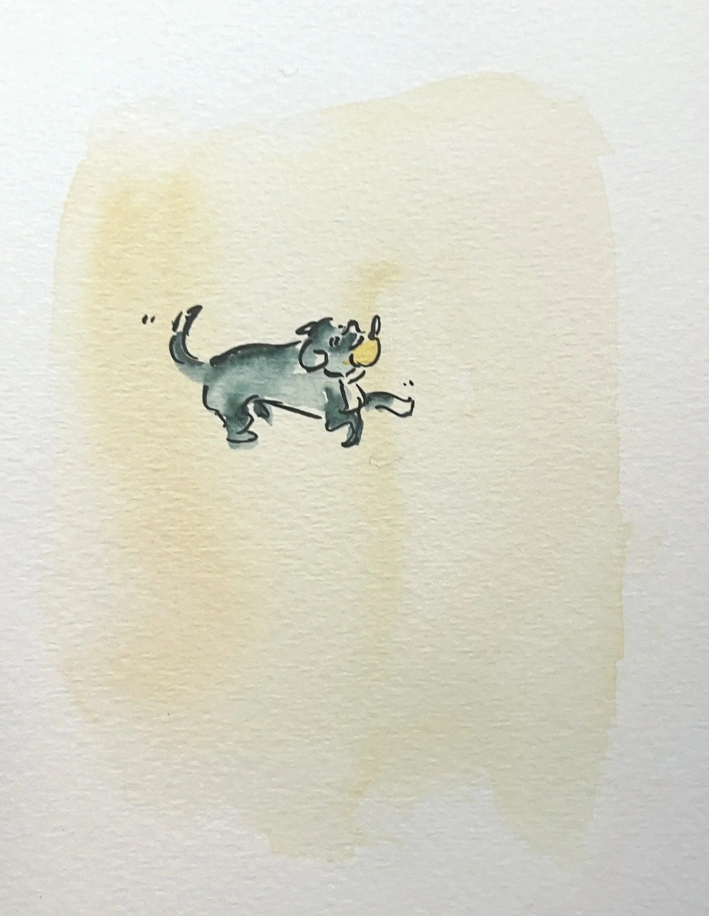 A small sketch of a dog happily carrying a ball in his mouth on a yellow watercolor background