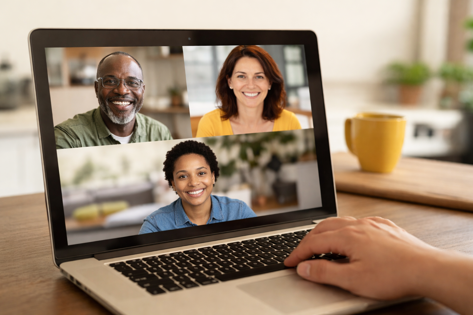 Laptop showing three people smiling during a video call, representing participants connecting in the Virtual Peer Support Network's online peer support space.