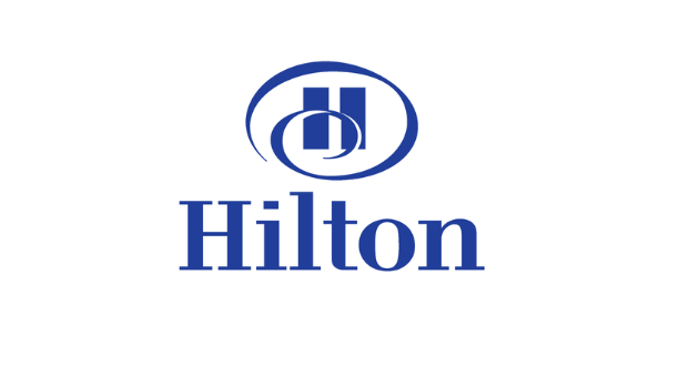 Hilton logo featuring a blue emblem with an 'H' and the word 'Hilton' below.